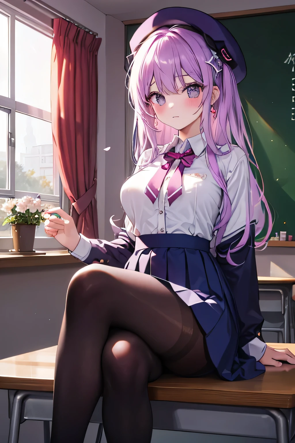 Distracted girl, sitting,  crossing the legs , school fund, school fund(classroom), complete anatomy,   graphic effects ,  ornament of an accessory shaped like a flower on her head, glow(aura), white beret,  school uniform(shirt,skirt), pantyhose, lingerie(adorno flores), Height 157 cm (5 ft 2 in ), blush, primera persona, Charm, 