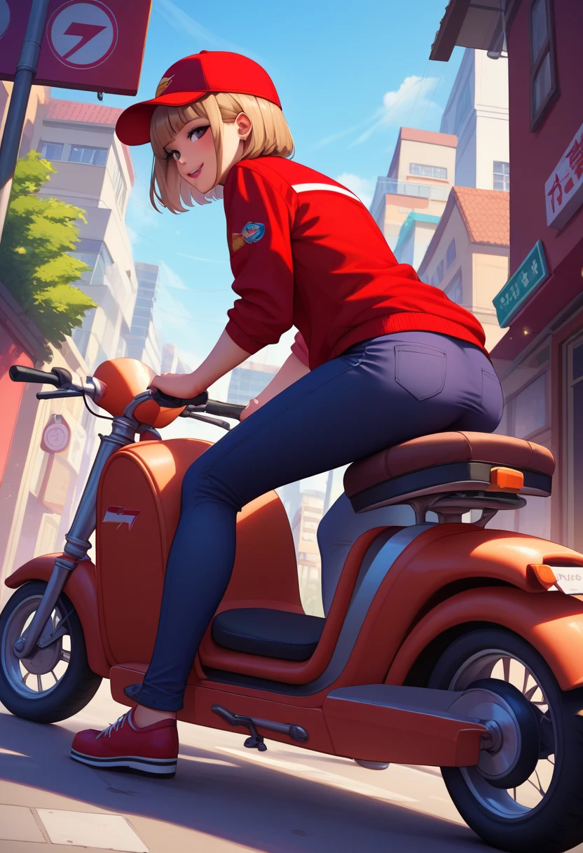 score_8,  young woman with light brown bob cut hair 、 wearing a red uniform and cap 、 riding a red delivery scooter bike through the city at dusk。 on the back of the bike 。side view, (Scooter bike with fixed delivery box :1.2),  the cityscape is lined with cafes and small shops 、 riding warm lights and streetlights softly illuminating the city 。The sky changes from orange to purple 、Dim evening,  A lively atmosphere spreads 。low angle

