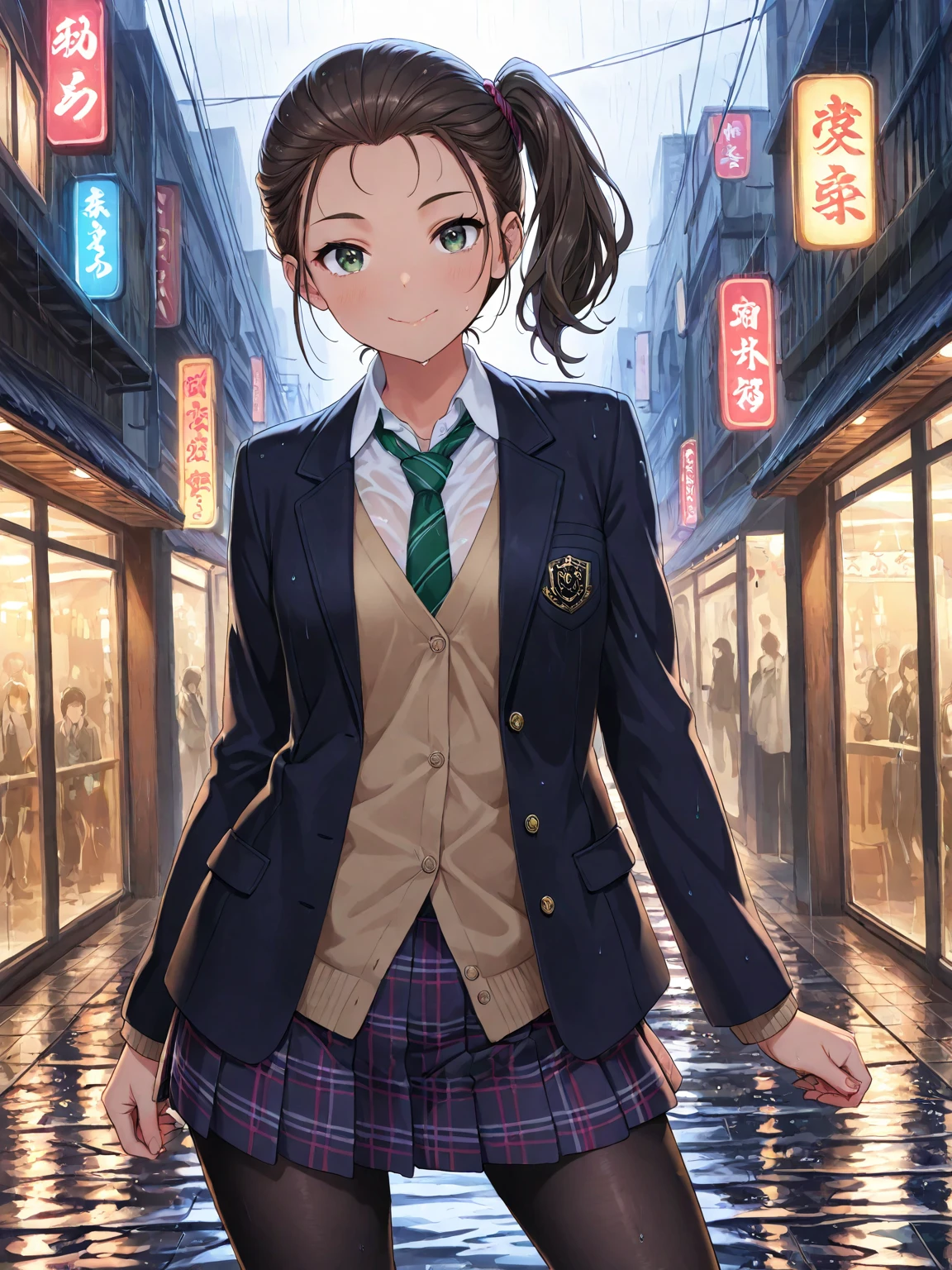 masterpiece, best quality, very aesthetic, realistic anime, Sharp Focus, high contrast, 1girl, detailed green eyes, half opened mouth, smile, dark brown silky hair, hair pulled back, side ponytail, contrapposto, Captivating thighs, uniform, blazers, (hads in pocket, unbutton), Green tie, Plaid Pleated Skirt, black tights, rainy city, at night