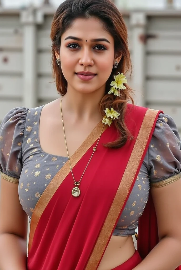 close up photo of sexy indian secretary , pull  down blouse and show her breast cleavage ,bend over, swooping breasts, deep NAVEL, curvy, sexy armpits, seductive eyes, jasmine in head, sultry, look at viewer and subtle smile,  see-through blouse,  traditional saree, red lips, ponytail, necklace, 4K, HD