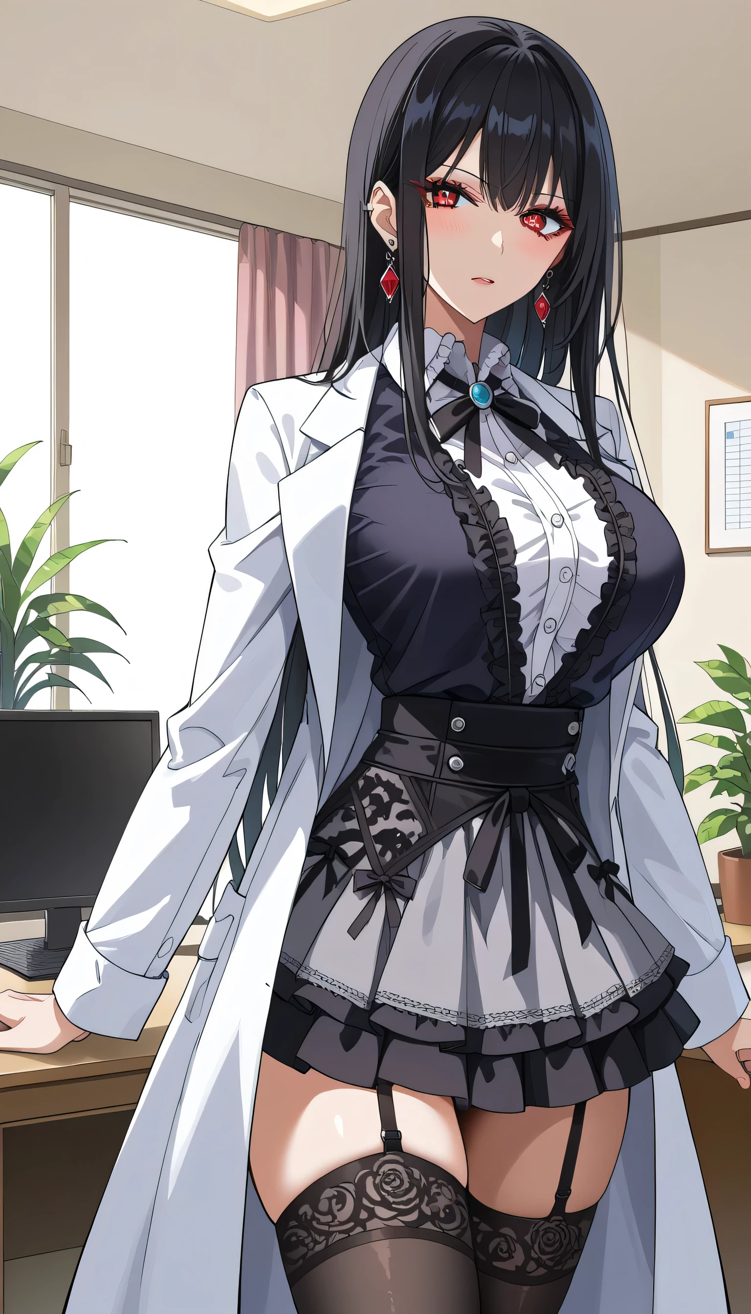 Woman Looking Back、 frustrated、Depressed、Bad mood、 adult appeal 、Tall Women、A woman in her thirties、 Alassah's woman 、steins;Gate、Bad mood、 score_9, score_8_up, score_7_up, source_anime,masterpiece、 office、Red smartphone 、office、 No Emotion、 no makeup、 best quality, beautifully detailed eyes , Exquisite Eyes、A sophisticated eye、 highly detailed eyes and face,Unmotivated look、Apathetic face、 long breasts, 1 female, Put on a white coat、Grey dress shirt、 gothic ta、 Gothic Lolihirt Under a White Coat、 Grey Gothic Lolita S 、Black Gothic Lolita Skirtray gothic lolita shirt、 BlGothic Lolita Skirt 、 Mini t、 short skirt , Big saggy breasts, shockingly Big Breasts , Big Breasts , room,Big Breasts、 boobs 、 zitales , makeup、 no makeup、 black hair、 Long Hair、Smooth straight hair、 black stockings 、 garter belt、black garter belt 、 taken from behind