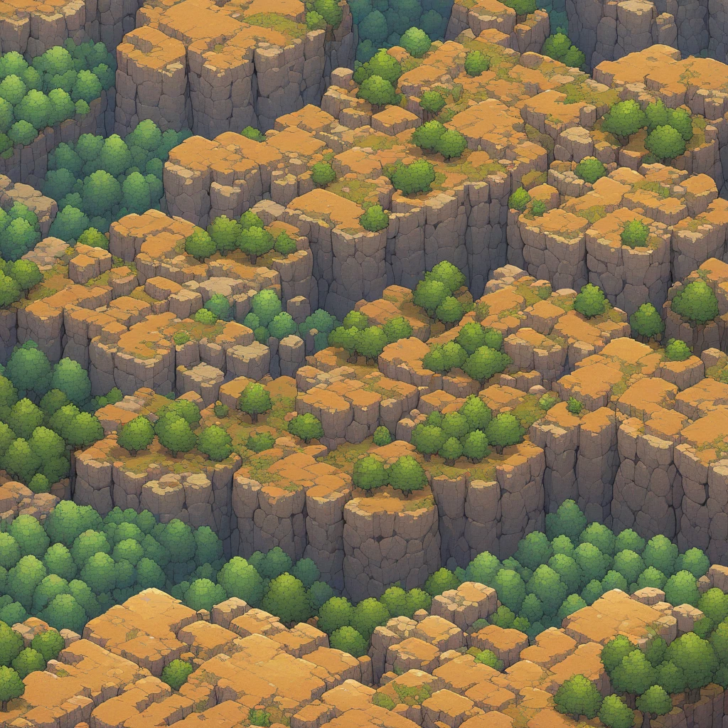 Retro video game style, pixelated, vibrant colors, 8-bit characters, rocky shapes, sharp lines, detailed shading, classic gaming vibe, nostalgic atmosphere, classic arcade games. Masterpiece:1.2, ultra-detailed, illustration style. 2D texture, rock texture, 4K seamless rock texture, video game texture, dirt texture. Game tiles, grass, ground, dirt, ¾ perspective trees, ¾ perspective tileable rock texture, ¾ perspective stone cliff formations, detailed trees, top-down view, tileable texture. Very detailed cliff texture, intricate stones. Mountain Terrain: Diverse brown rounded mountain shapes, including ¾ perspective seamless rock cliff walls, ridges, and rocky stone shape mountain walls with detailed stackable rocky cliffs. 2D pixelated game style. Texture Detail: High resolution with intricate details like rocky surfaces, crags, and natural erosion patterns, highly detailed rocks. Seamless Pattern: Ensure that the edges of the tile seamlessly align with adjacent tiles to create a continuous and coherent mountain range when repeated. Include ¾ perspective RPG art, RPG game tiles, and RPG terrain to match the style of classic role-playing games.