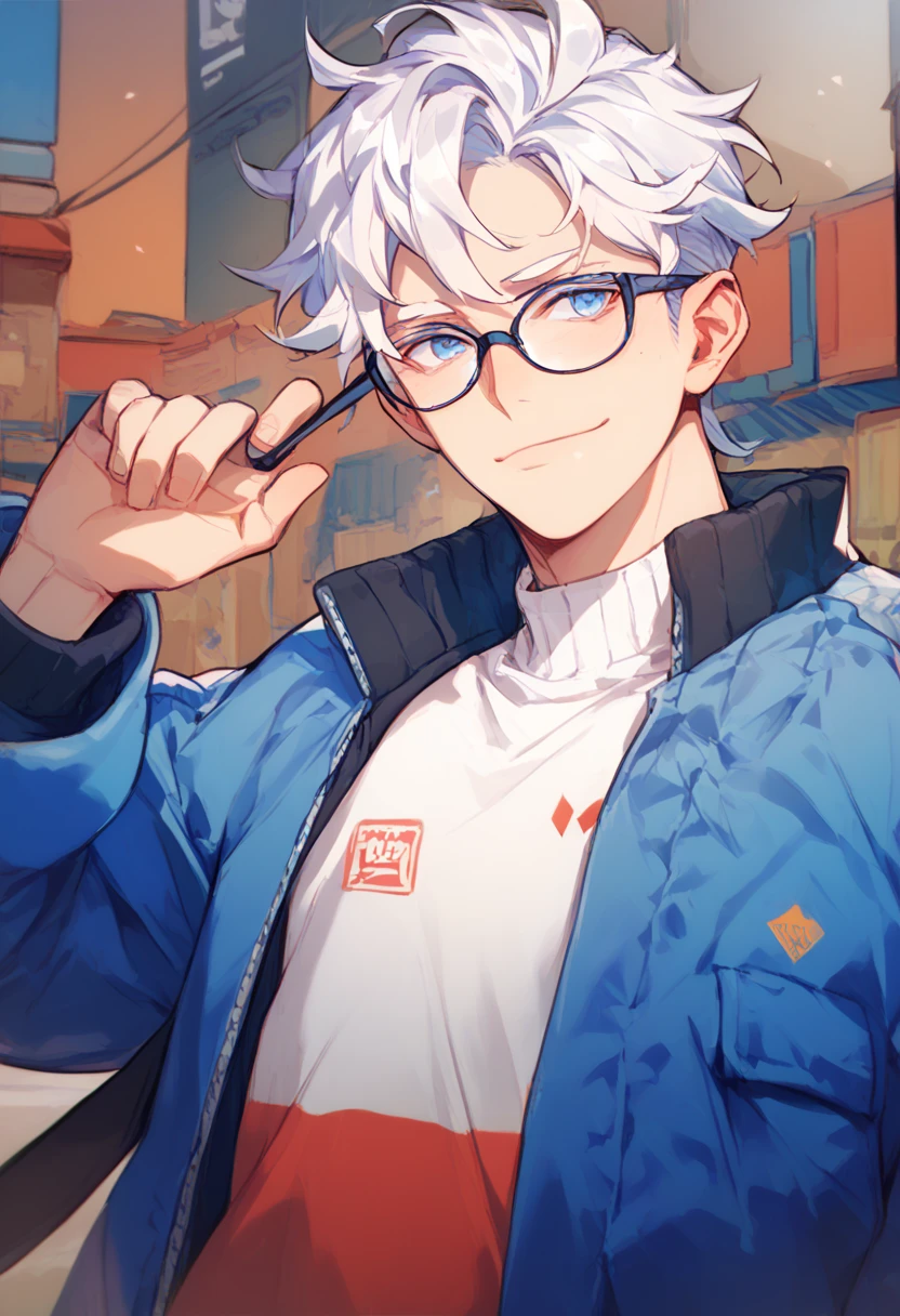 Skinny nerdy man with long white hair with blue eyes and fair skin while wearing clothes, jackets and glasses