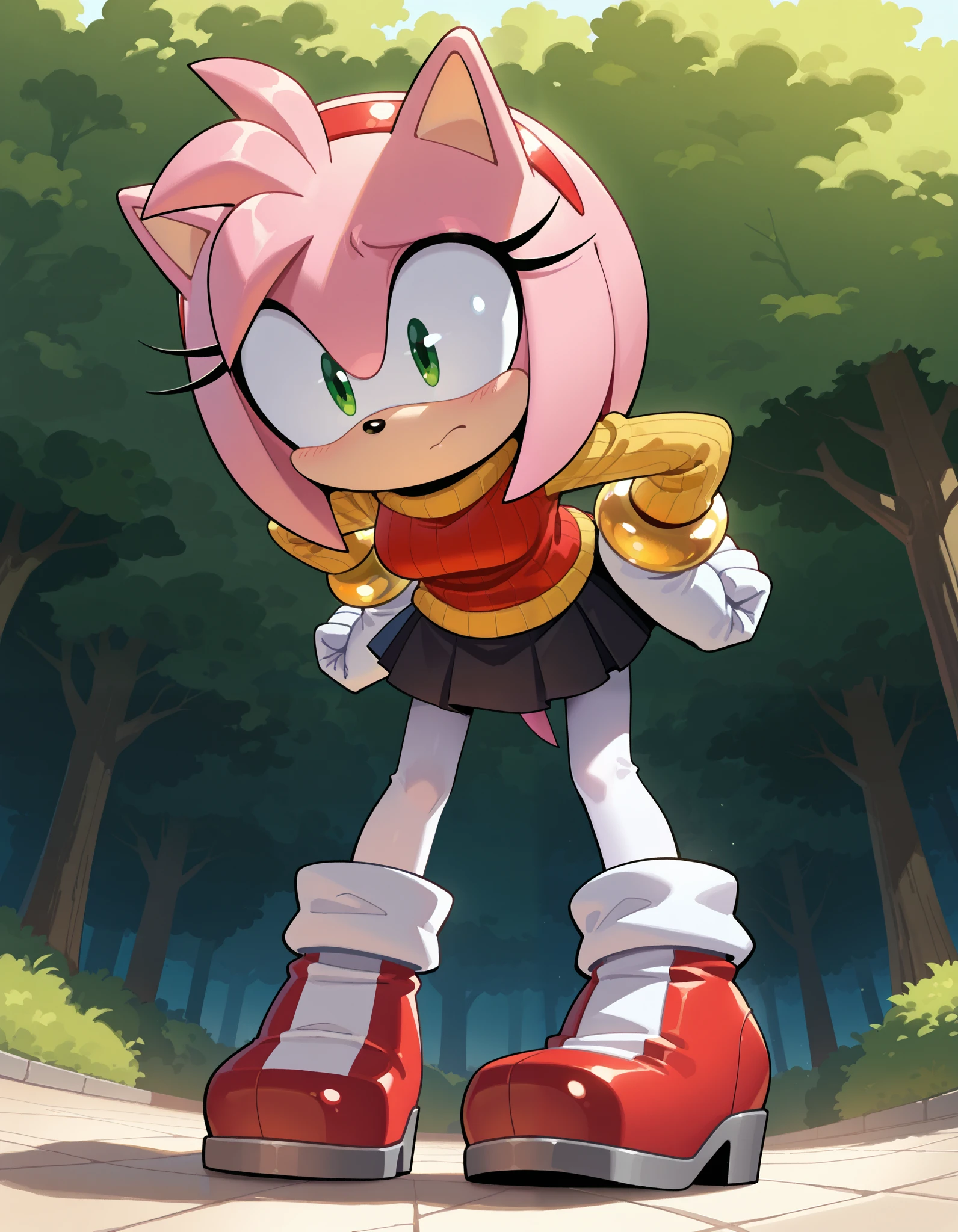 masterpiece, best quality, amazing quality, very aesthetic, absurdres, solo, full body, no humans
solo,  standing,  hands on own hips,  leaning forward,, shaded face,  raised eyebrows,, low angle view,
evnstnly, amy rose, furry, pink fur, green eyes, sweater and pleated skirt set, ankle boots, pantyhose, , white gloves,