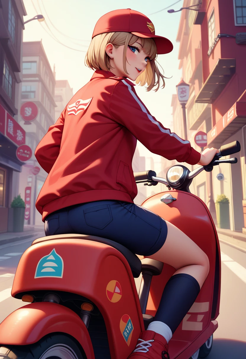 score_8,  young woman with light brown bob cut hair 、 wearing a red uniform and cap 、 riding a red delivery scooter bike and driving through the city at dusk。 on the back of the bike 。side view, (The delivery box is fixed to the back of the bike :1.2, scooter bike:1.2),  the cityscape is lined with cafes and small shops 、 riding warm lights and streetlights softly illuminating the city 。The sky changes from orange to purple 、Dim evening,  A lively atmosphere spreads 。low angle

