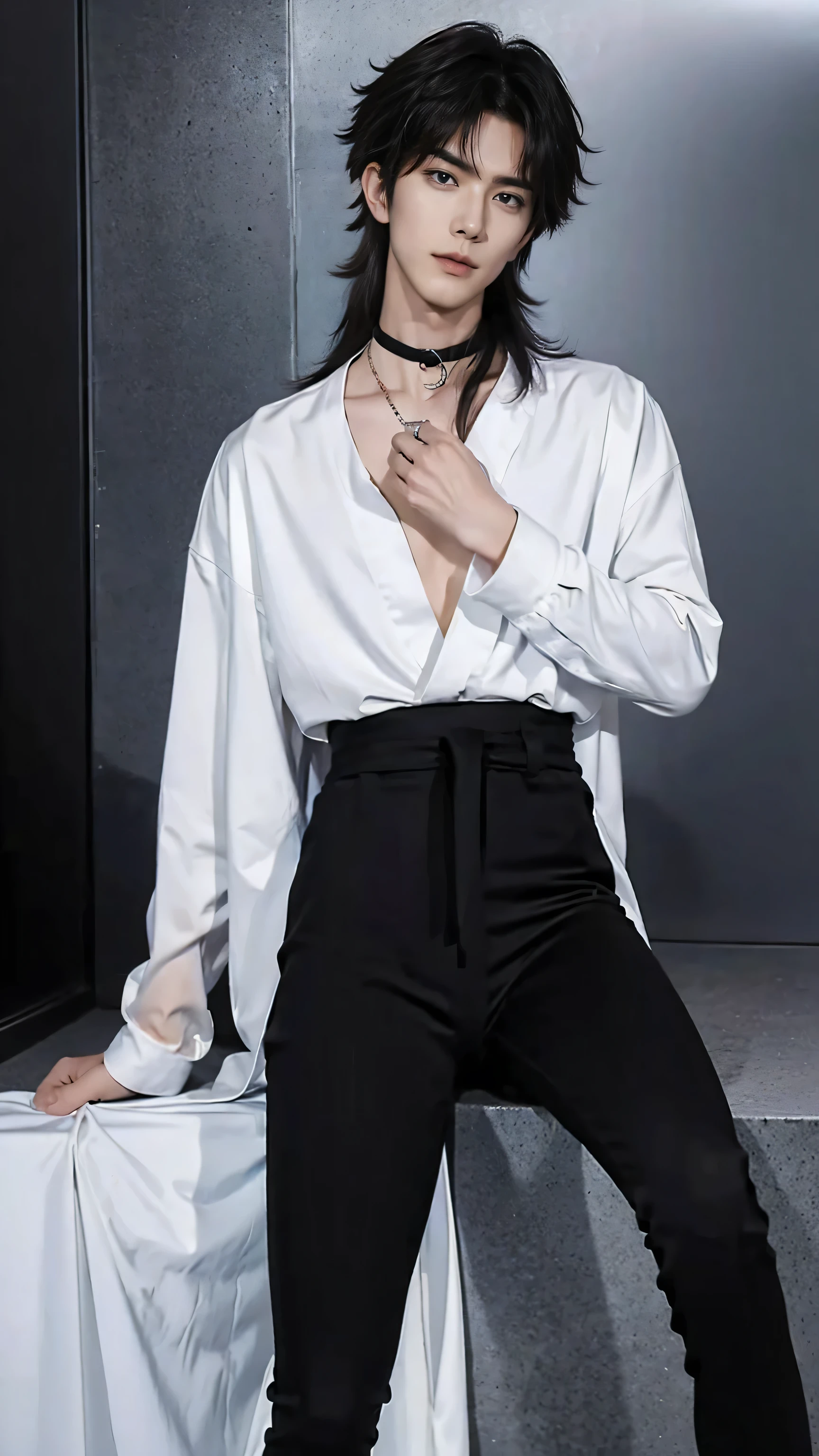  1 handsome skinny man ，Thick hair， long hair，Long bangs， Bangs cover forehead  ，thin，,Slim waist， slim thighs ，Slender, well-shaped legs， slender neck ， spread legs ， exquisite face ， The necklace is tied around the neck  ，men's tight casual wear，black high elastic leggings， put your hands behind your back，Showing collarbone