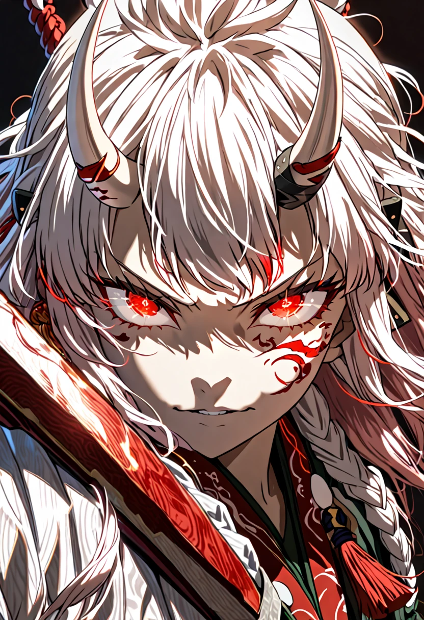 8K Ultra High-Quality, ultra-detailed, High quality, Nakiri ayame, white oni horns, glowing hair, glowing eyes, close up, full body, glowing red face tattoo, dark background