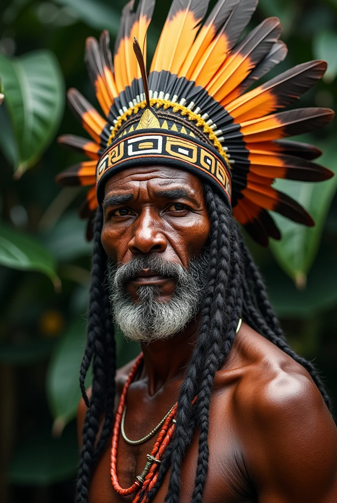 (Masterpiece artwork, high qualiy, best qualityer, offcial art, beautiful and seductive aesthetics: 1.2) detailed, (curriculum: 1.4, Fractal Art: 1.3), (Bblack hair: 1.1), Destiny \ (series \), Indian, close to old age, Bblack hair, longye hair, braided hair, tribal body paintings, eyes browns, black beard, serrated beard, old body, old strong, naughty man, pinturas Indigenous no corpo, Cords, seed cord, tiger tooth cord, Wise Posture, imposing posture, smoking a pipe, wooden pipe, cachimbo Indigenous, feather headdresss, green headdress, red and white, feather headdress, Indian brasileiro , white background, naughty man, a moth in the hair, serrated beard, naughty man, Indian, Indigenous, white background