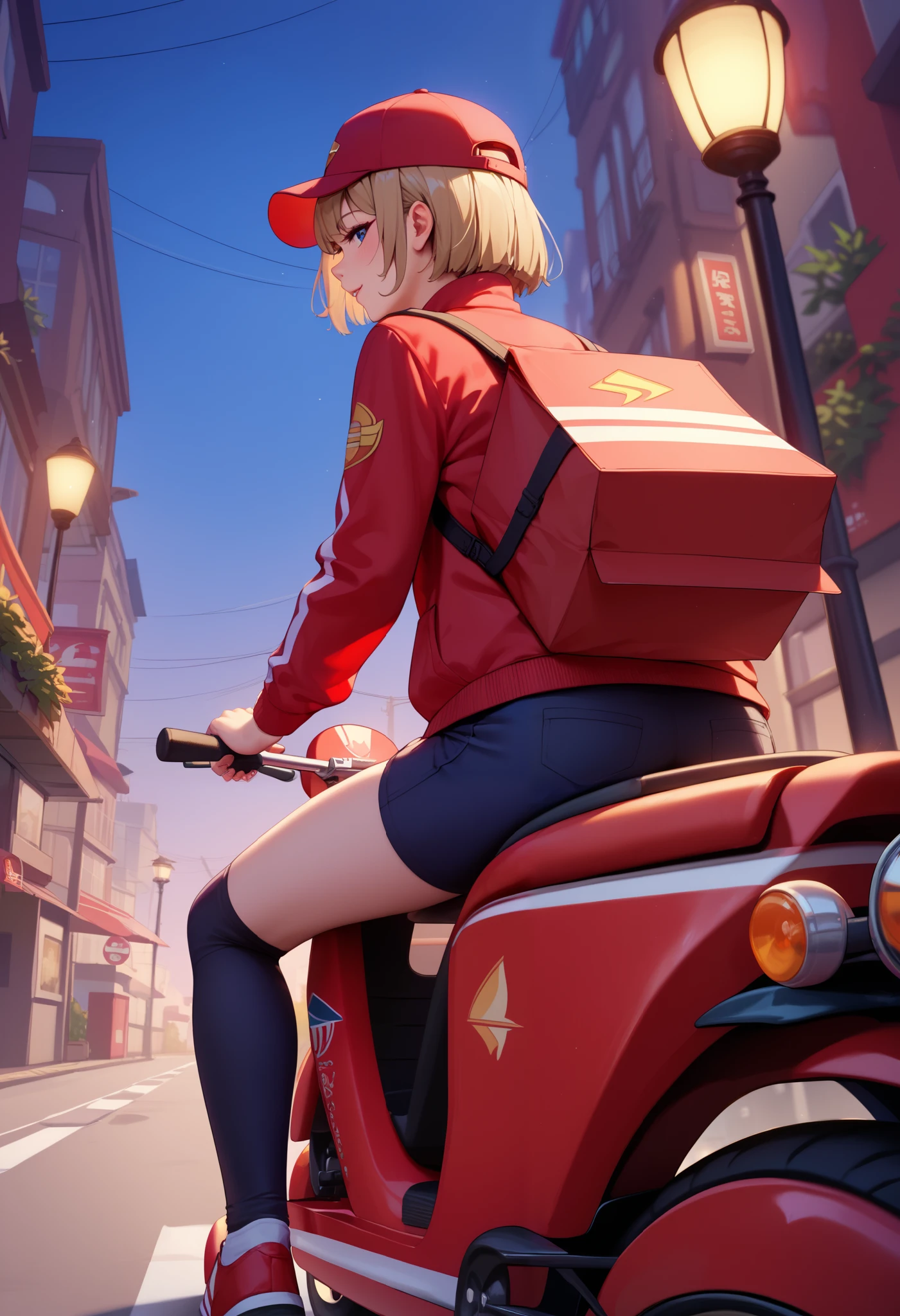 score_8,  young woman with light brown bob cut hair 、 wearing a red uniform and cap 、 riding a red delivery scooter bike and driving through the city at dusk。 on the back of the bike 。side view, (The delivery box is fixed to the back of the bike :1.2, scooter bike:1.2),  the cityscape is lined with cafes and small shops 、 riding warm lights and streetlights softly illuminating the city 。The sky changes from orange to purple 、Dim evening,  A lively atmosphere spreads 。low angle

