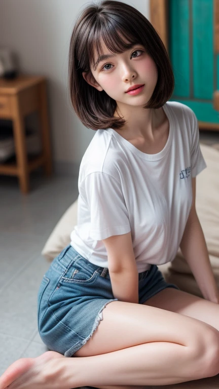 Best-quality, Masterpiece, Ultra-High-Resolution, (Photorealistic:1.4), Raw Photo, depth of field, professional lighting, perfect anatomy, extremely details, 1girl, 15-years-old, the most famous Japanese idol, sitting on school chair at classroom, (((wearing white T-shirt and wearing denim miniskirt over white-panties, ((open thighs))):1.2)), ((extremely cute face), (extremely cute and extremely big eyes), extremely beautiful short-cut-haired, extremely beautiful skins), realistic skin texture, extremely cute long-eyelashes, extremely cute lips, childish body, extremely beautiful thighs, looking at viewer, innocent-smile