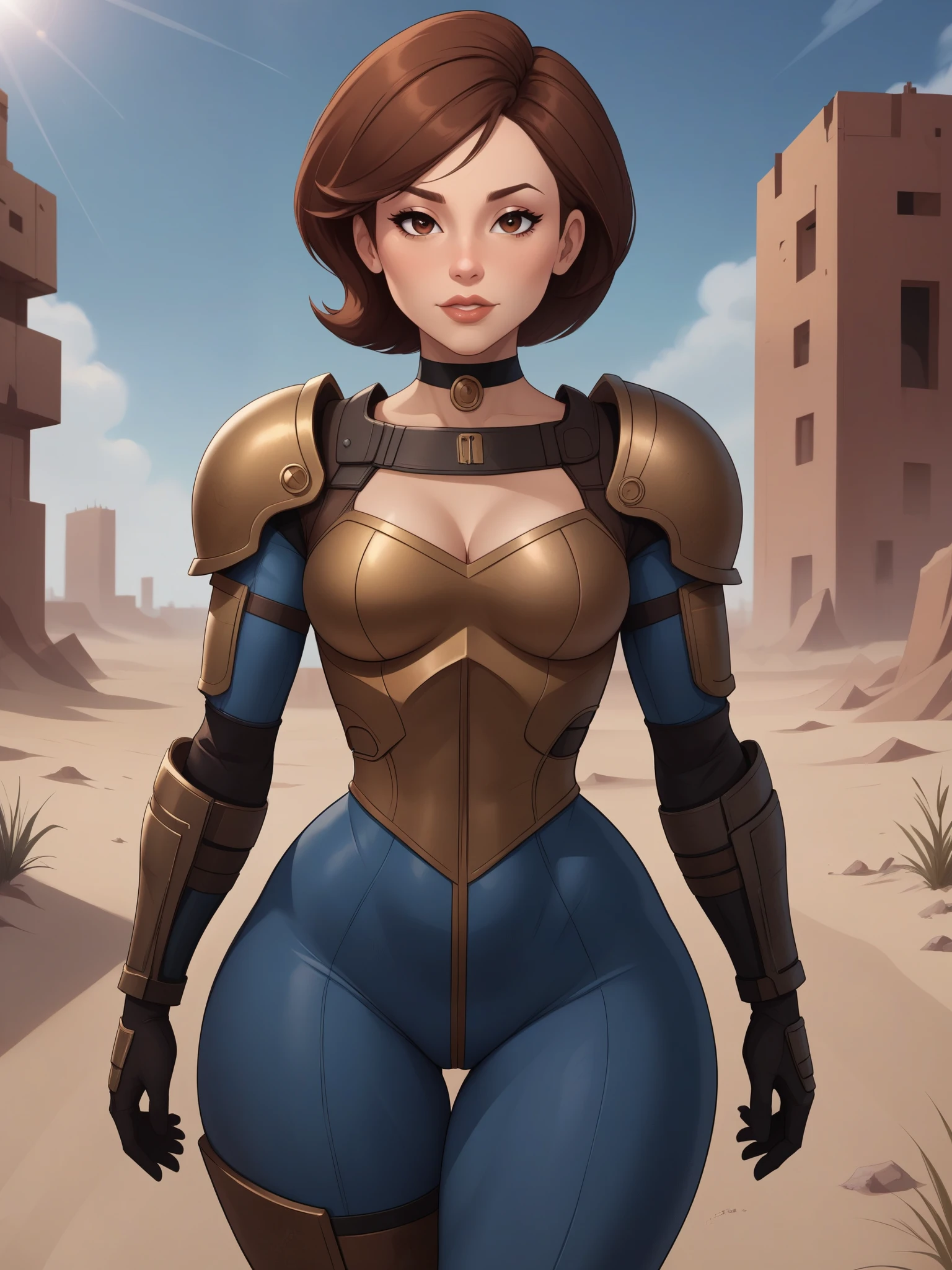 Helen Parr. choker. small waist. small saggy breasts. huge hips. brown hair. brown eyes. armor fallout suit. desert. city. ruins. 