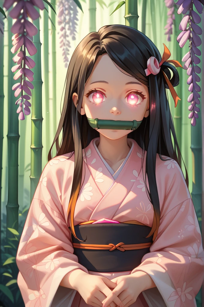 1girl, blue butterfly, bug, butterfly, butterfly hair ornament, butterfly on hand, crying, crying with eyes open, eyelashes, gag, glowing butterfly, japanese clothes, kamado nezuko, kimono, long hair, looking at viewer, nail polish, origami, pink kimono, solo, tears, umbrella, upper body, white butterfly