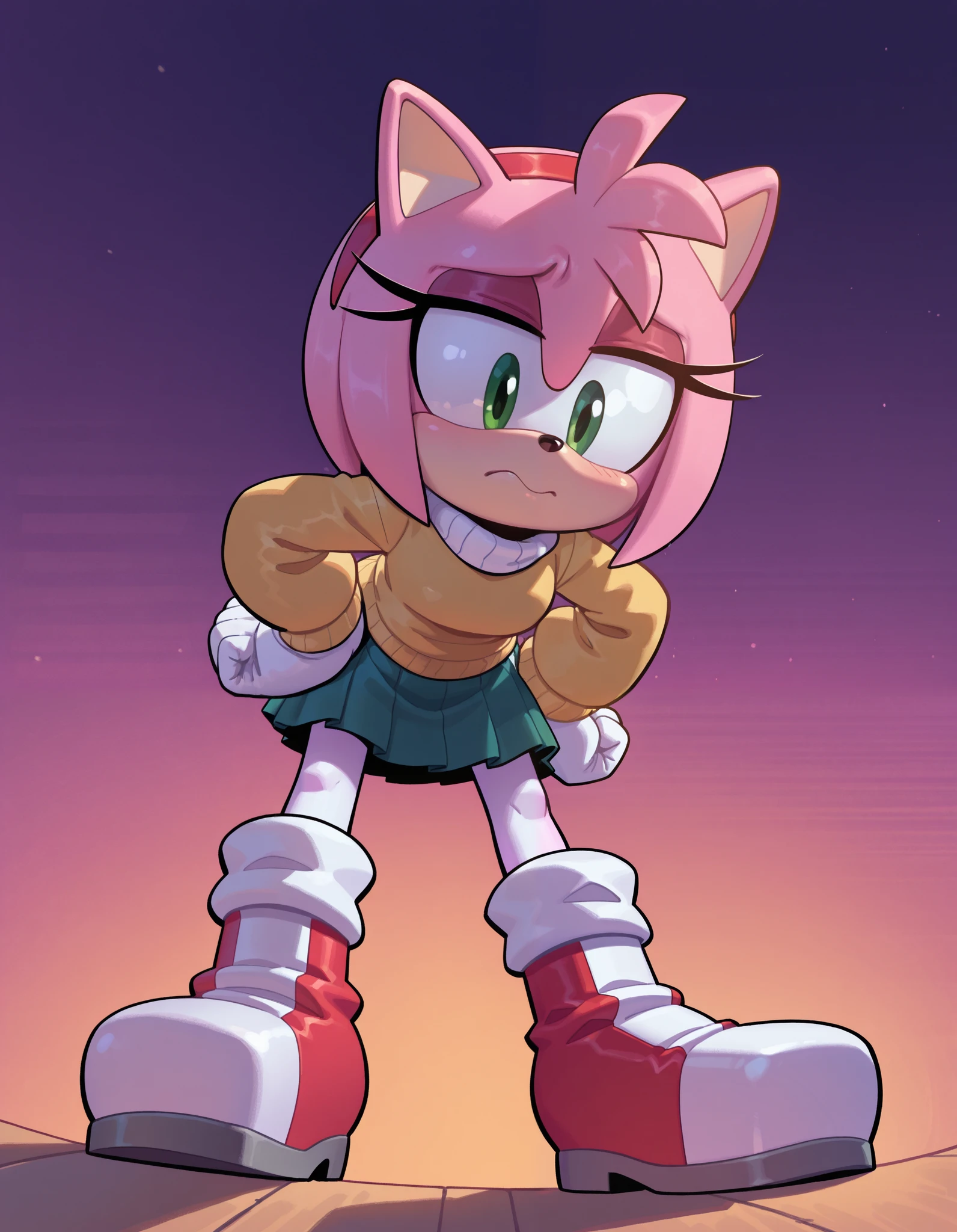 masterpiece, best quality, amazing quality, very aesthetic, absurdres, solo, full body, no humans
solo,  standing,  hands on own hips,  leaning forward,, shaded face,  raised eyebrows,, low angle view,
evnstnly, amy rose, furry, pink fur, green eyes, sweater and pleated skirt set, ankle boots, pantyhose, , white gloves,