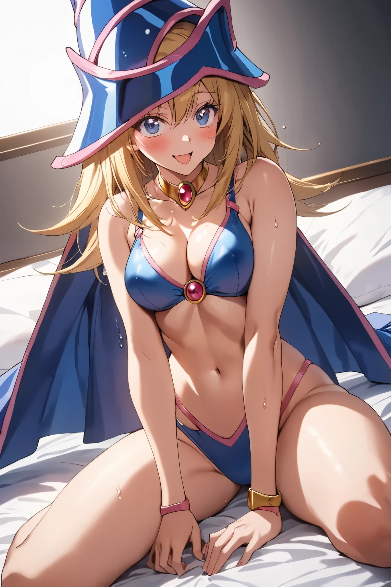 masterpiece, Best Quality, High resolution,16k,official art,super detailed skin,detailed,animated painting,(dark magician girl),1990s \(style\),(E-cup beautiful breasts)、 (tall:1.2),height: 175cm,Fashion model body type、clevage, Sexy long legs,tanktop、hot pants,underboob,Abdominal muscles、, blondy、blue eyes,Muscular、1girl,solo,nsfw,sexy,smile,shy,blush,(vulgarity:1.3)、(Ahegao:1.2),Anime-style painting style,Close up on full body,Cinematic lighting,Superfine,Seductively Posing,dynamic angle, closeup shot,simple white background,Sweating all over the body,lying on bed,splead legs,morning