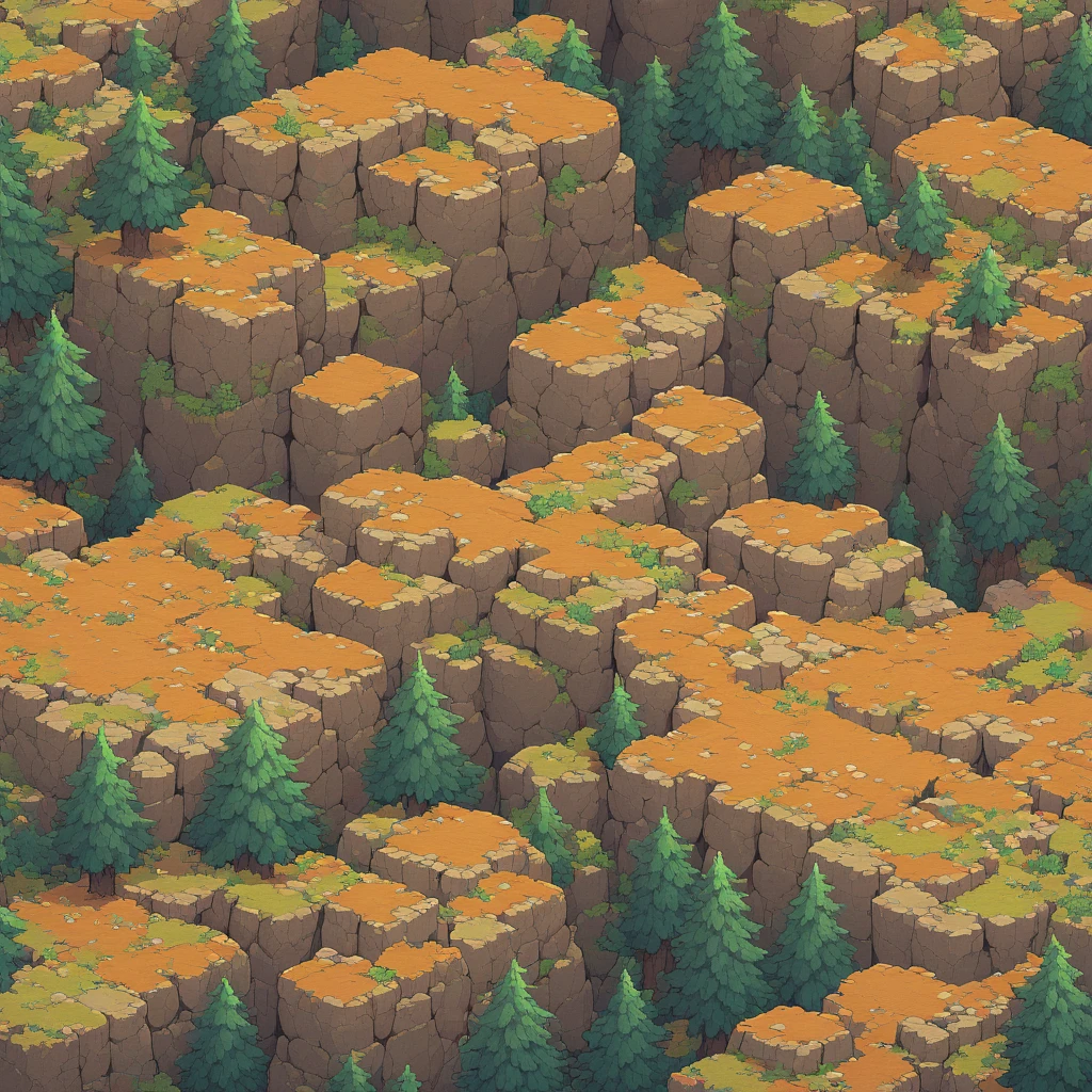 Retro video game style, pixelated, vibrant colors, 8-bit characters, rocky shapes, sharp lines, detailed shading, classic gaming vibe, nostalgic atmosphere, classic arcade games. Masterpiece:1.2, ultra-detailed, illustration style. 2D texture, rock texture, 4K seamless rock texture, video game texture, dirt texture. Game tiles, grass, ground, dirt, ¾ perspective trees, ¾ perspective tileable rock texture, ¾ perspective stone cliff formations, detailed trees, top-down view, tileable texture. Very detailed cliff texture, intricate stones. Mountain Terrain: Diverse brown rounded mountain shapes, including ¾ perspective seamless rock cliff walls, ridges, and rocky stone shape mountain walls with detailed stackable rocky cliffs. 2D pixelated game style. Texture Detail: High resolution with intricate details like rocky surfaces, crags, and natural erosion patterns, highly detailed rocks. Seamless Pattern: Ensure that the edges of the tile seamlessly align with adjacent tiles to create a continuous and coherent mountain range when repeated. Include ¾ perspective RPG art, RPG game tiles, and RPG terrain to match the style of classic role-playing games.