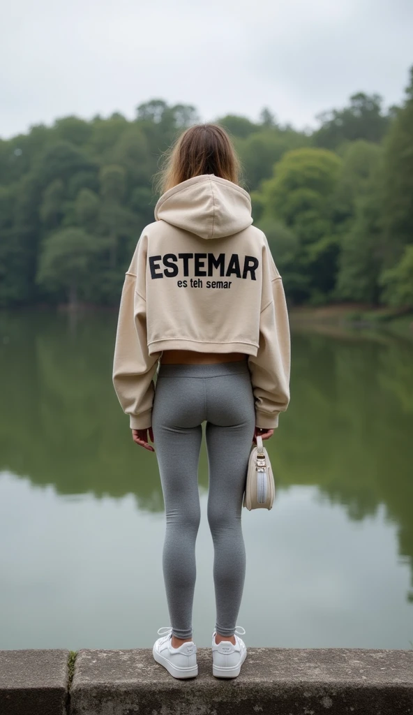 Modella ragazza giovane, con t-shirt nera, leggings sempre nero, capelli corti rasati, tatuaggi alle braccia, sneakers nere ai piedi.