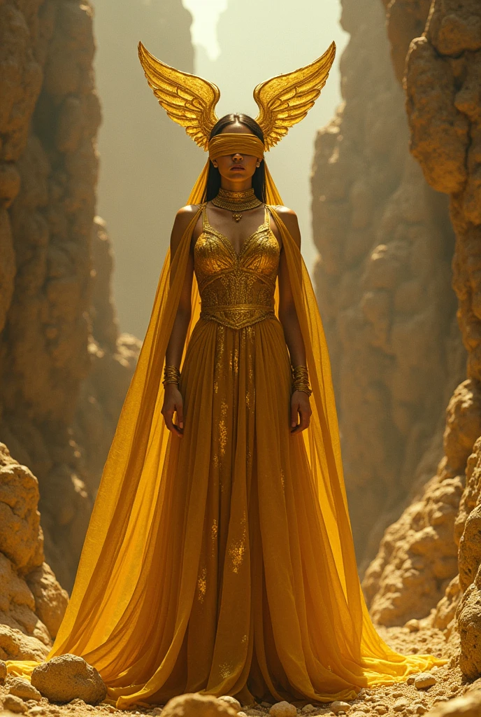 A golden beautiful Alien woman, dressed in primitive clothes, on a pedestal in a large Egyptian temple, many primitive people, dressed in primitive tribal clothing stand around the pedestal, while they make offerings to their divine golden woman whom they worship as a goddess.