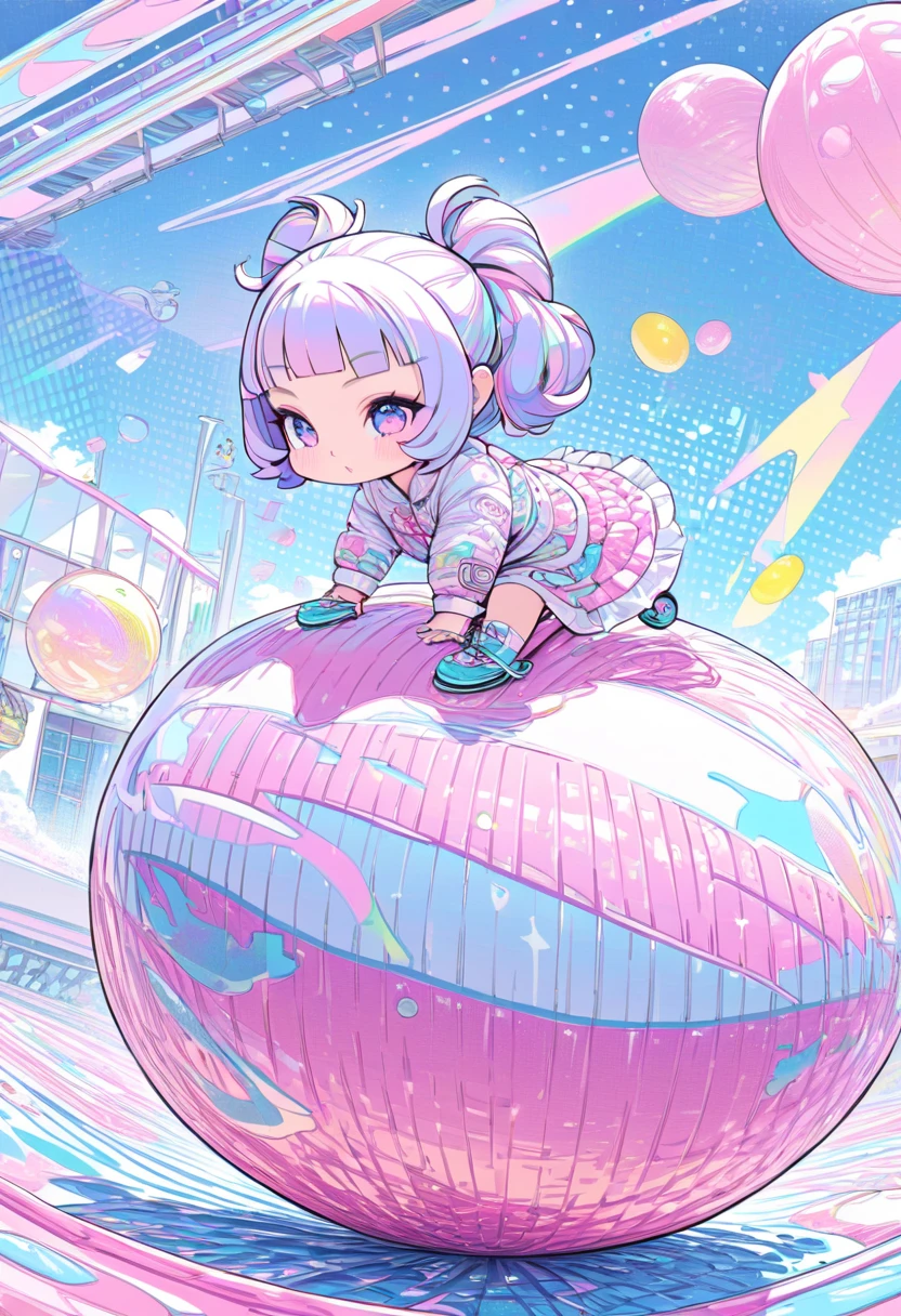 cute chibi girl, balancing on a riding ball, pastel pop art, ultra detailed, absolutely resolution, masterpiece