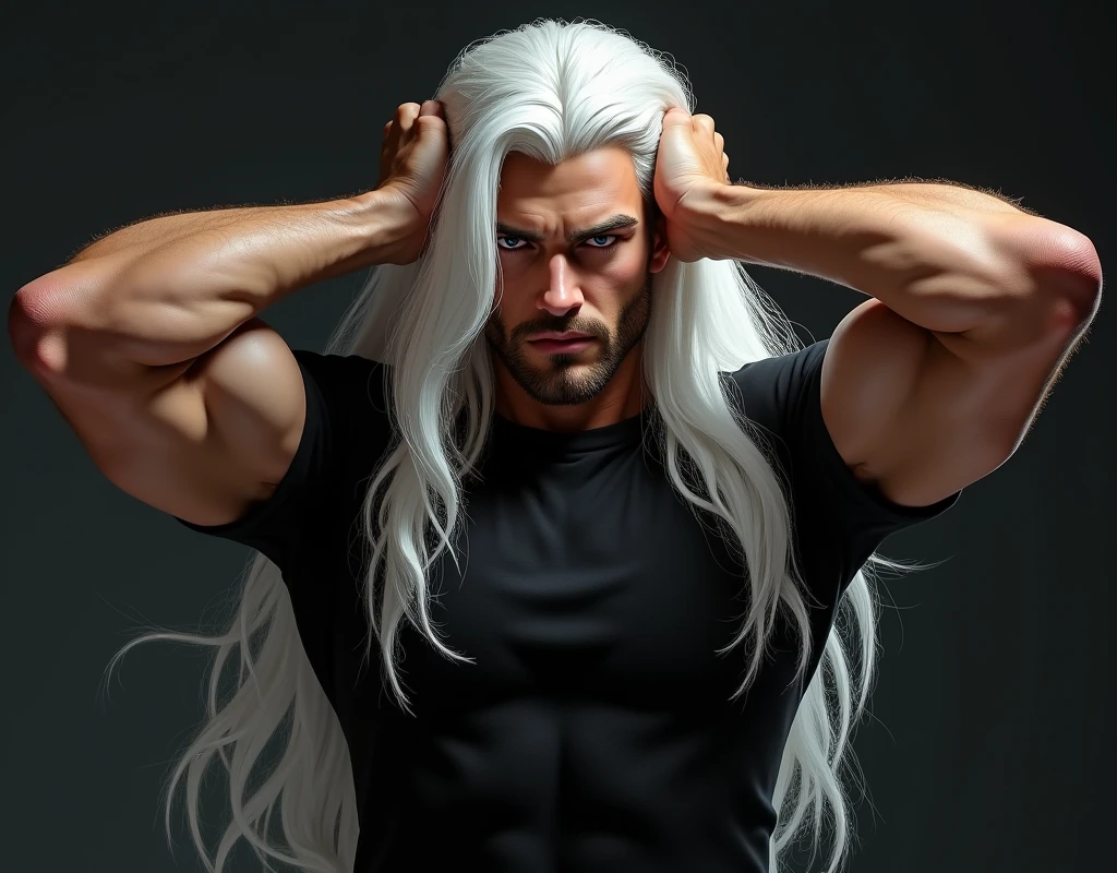 1 man, young, silver white hair, albino, long hair, beautiful, handsome, tall, muscled body, strong