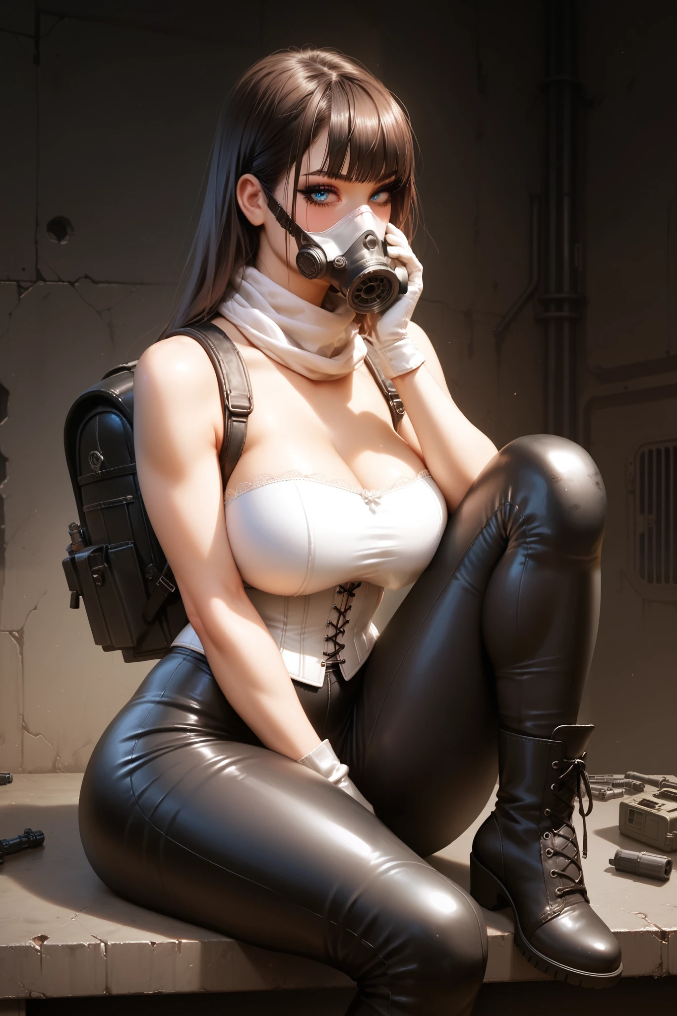 1girl, gothic girl, Realistic, white skin, skin soft and smooth, BROWN HAIR , long hair with bangs, long eyelashes, Black eyeliner, red lipstick, cute blush, breast covered, huge breasts, Gigantic ass, wide hips, narrow waist, thick thighs, masterpiece , The best quality , highly detailed, Detailed feet , Detailed eyes , blue eyes, abandoned world, postapocalyptic , backpack, she is wearing a long coat, helmet, long white scarf, gloves,, white corset with lace, lycra pants, white high boots, gas mask, (covered mouth, covered nose), military gear, Sitting on a table, one leg up, profile view