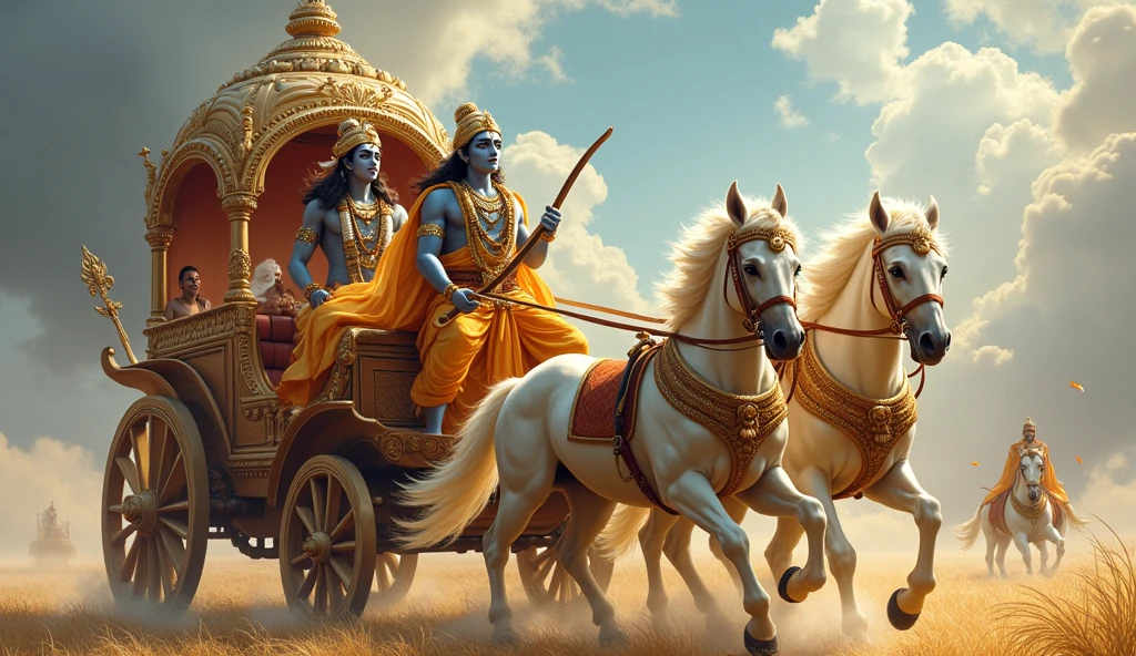 Lord krishna and arjuna are standing onchoriot