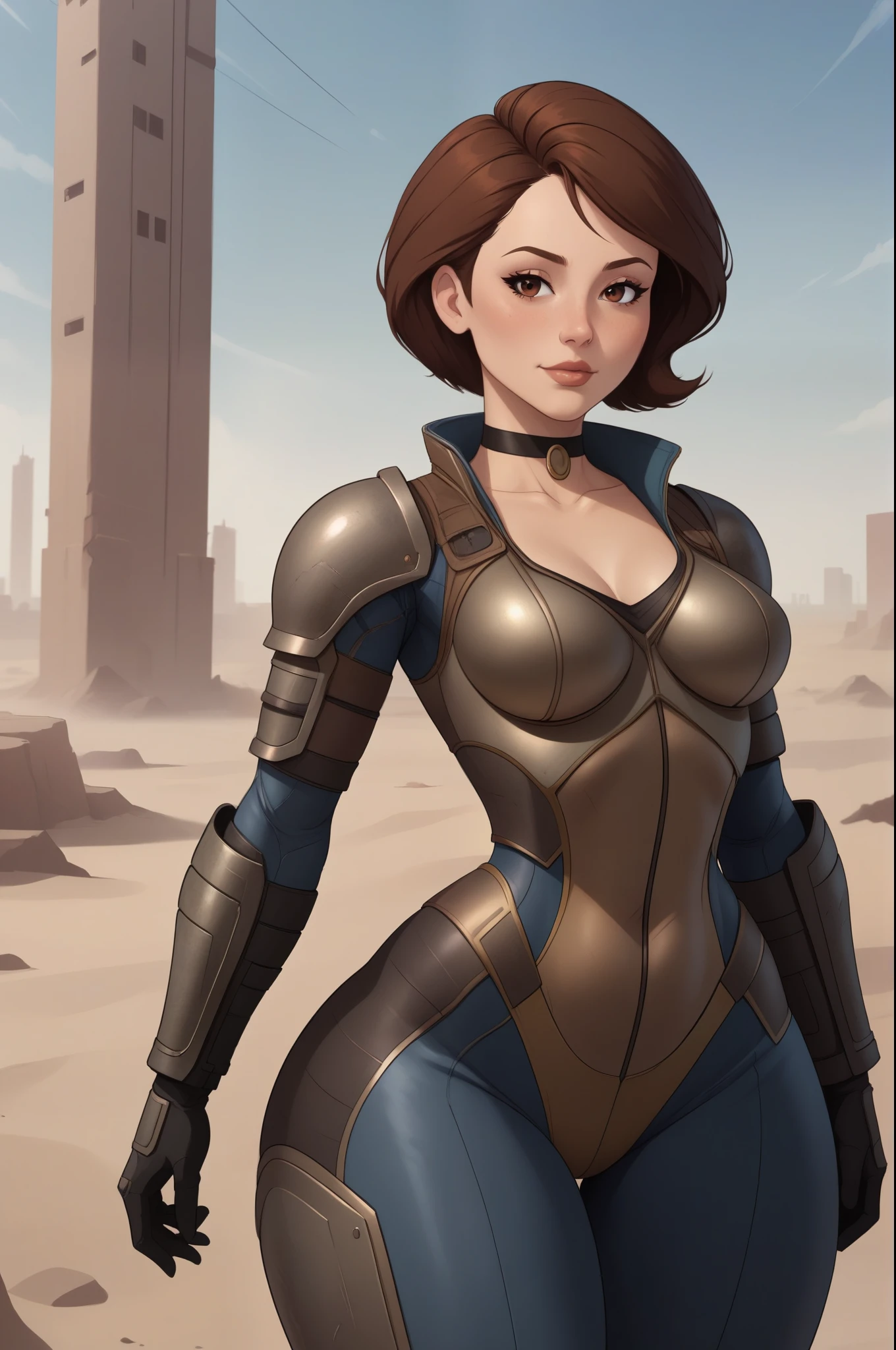 Helen Parr. choker. small waist. small saggy breasts. huge hips. brown hair. brown eyes. armor fallout suit. desert. city. ruins. 