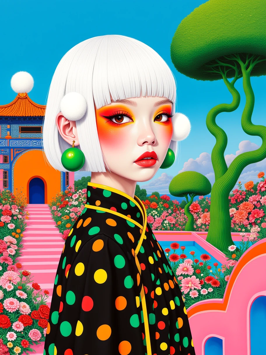 Art illustration, 1girl, straight bangs and short white hair, wearing traditional clothing with a black base and colorful polka dots (green, yellow, orange), green spherical earrings on one ear and a white fluffy ball-shaped decoration on the other, exaggerated makeup with vibrant eye shadow and blush in red and orange, blue sky background, a uniquely shaped green tree on the right, a traditional Asian-style building in the background with blue and orange hues, an orange arch in front of the building, abundant flowers and plants in the foreground and midground in pink, red, green, etc., pink and blue curved structures on the ground, resembling bridges or decorations, surreal, pop art style, vibrant colors, strong contrast, clean lines, prominent graphic elements, dreamy, fantastical atmosphere, evoking a surreal and imaginative feeling