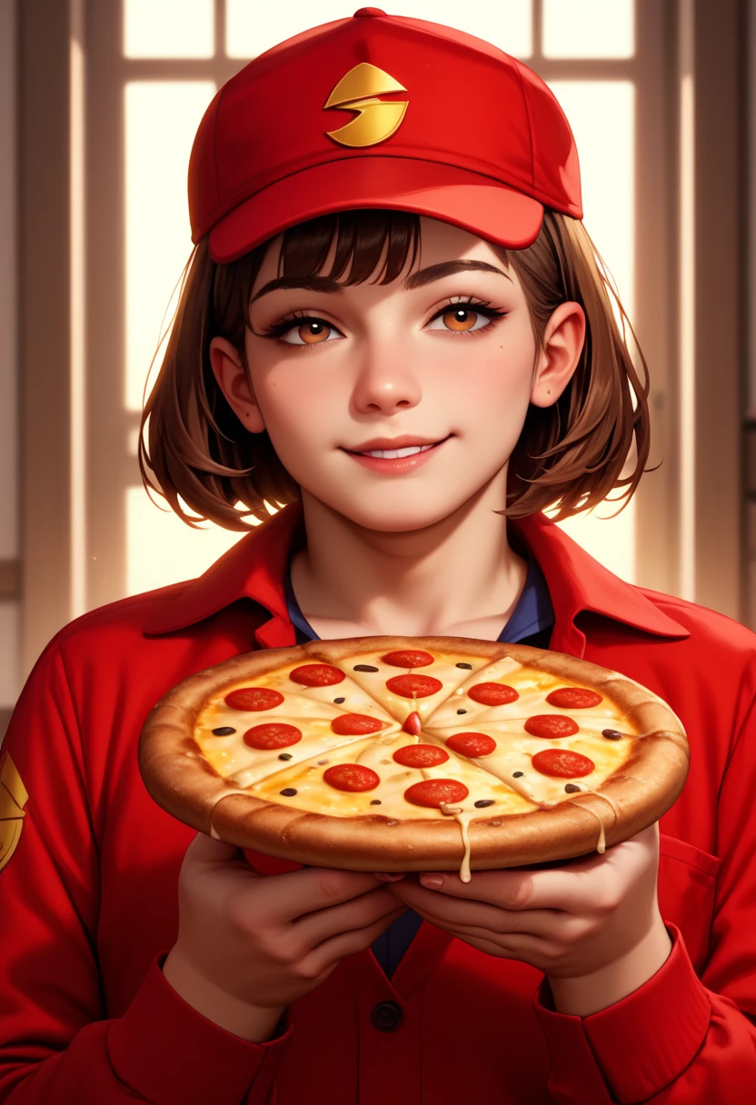 Young woman, bright brown bob-cut hair, red delivery uniform, red cap, confident smile, sharp eyes
Standing in front of a slightly open apartment door, holding a pizza box, a polite expression
Middle-aged man, slightly overweight, casual clothes, tired face, confused expression
Cluttered apartment interior, dim warm lighting, soft shadows
High-quality portrait, perfect composition, professional quality, high-resolution
Realistic facial features, perfect lighting, perfect contrast, perfect setting
Masterpiece, perfect atmosphere, natural pose, warm and welcoming tone

