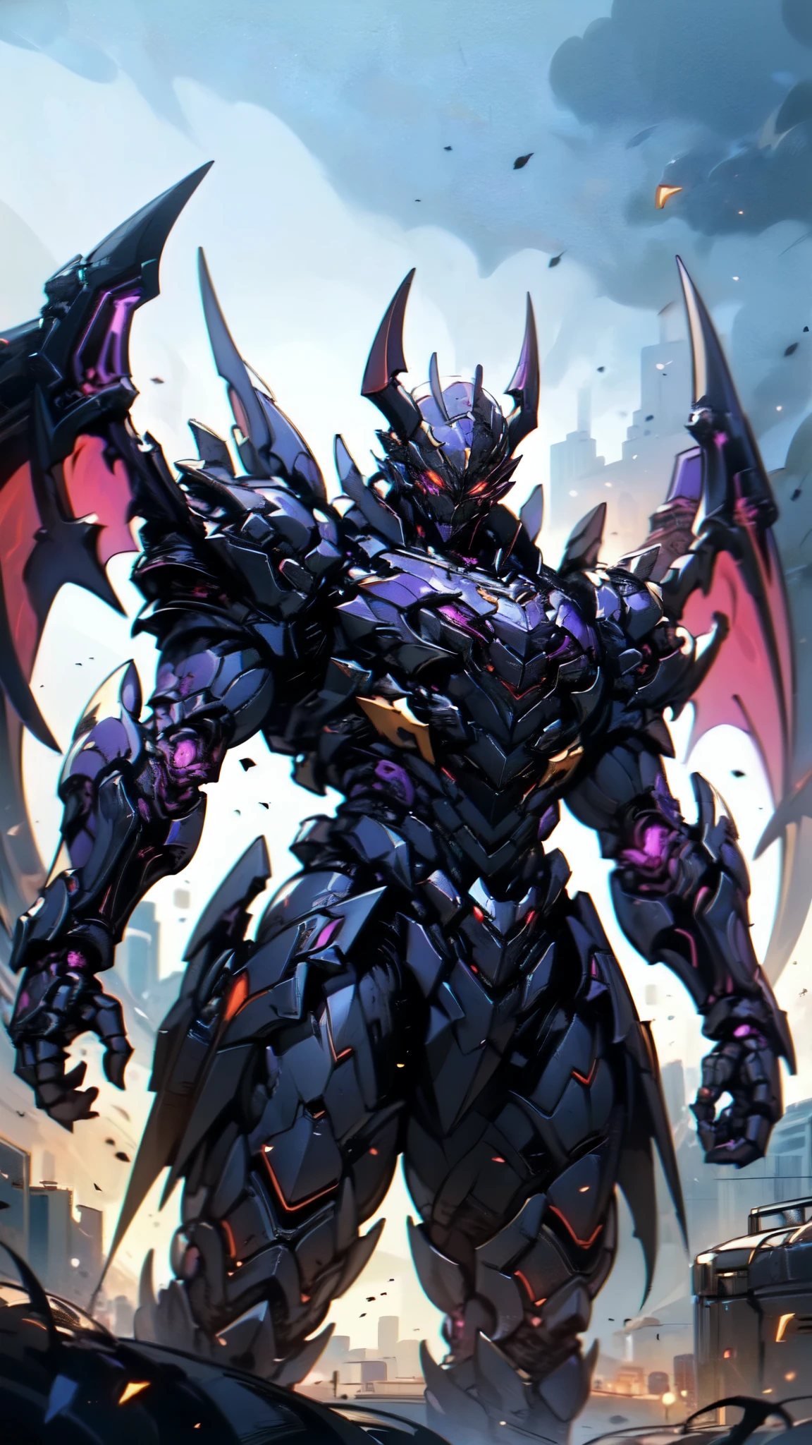 (masterpiece:1.5, best quality:1.5, extremely delicate:1.5), ((male:1.5)), a man wearing a full-face helmet, high-tech biomimetic armored combat suit, (a composite layered chest armor), the design balances heavy with agility, fully enclosed shoulder guards, matching arm and leg guards, a belt of gemstone, (the color scheme is primarily Red with Purple and Yellow accents, Organic Biotech, Concept Inspired by Vampire, glowing eyes, armor glows, huge cloak like devil wings), stand of a futuristic sci-fi city, this character embodies a finely crafted fantasy-style armored hero in anime style, exquisite and mature art style, metallic, high definition, highres, ultra-detailed, ultra-fine painting, professional, perfect body proportions, golden ratio, anatomically correct, symmetrical face, extremely detailed eyes and face, high quality eyes, creativity, RAW photo, UHD, 32k, Natural light, cinematic lighting, (masterpiece-anatomy-perfect:1.2)