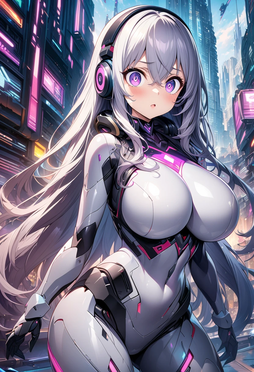 Masterpiece, (highly detailed CG illustration), Robot Girl,posing,large breast,purple eyes,sharp eyes,black straight longhair,headphone,gray robot body,futuristic city in background,cowboy shot