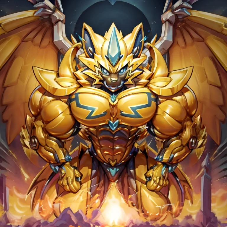 Appearance
(1) Zeraora is wearing a giant robot exoskeleton that matches its design.
(2) Full body with detailed features, including a muscular physique, abs, and head.
(3) His body is covered in gigantic, well-defined muscles (pecs, traps, triceps) formed by a tight latex muscle suit that enhances every muscle.
(4) Zeraora is as large as a continent, casting an immense silhouette across the landscape.

Armor
(1) The armor is a cyberpunk mecha style, made entirely of metal and layered over the muscle suit.
(2) The robotic suit emphasizes his muscles and gives him a cyborg appearance.
(3) Large golden wings extend from his back.

Action
(1) Zeraora is destroying the city, causing massive destruction.
(2) His expression is one of arrogance.