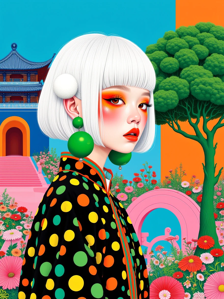 Art illustration, 1girl, straight bangs and short white hair, wearing traditional clothing with a black base and colorful polka dots (green, yellow, orange), green spherical earrings on one ear and a white fluffy ball-shaped decoration on the other, exaggerated makeup with vibrant eye shadow and blush in red and orange, blue sky background, a uniquely shaped green tree on the right, a traditional Asian-style building in the background with blue and orange hues, an orange arch in front of the building, abundant flowers and plants in the foreground and midground in pink, red, green, etc., pink and blue curved structures on the ground, resembling bridges or decorations, surreal, pop art style, vibrant colors, strong contrast, clean lines, prominent graphic elements, dreamy, fantastical atmosphere, evoking a surreal and imaginative feeling