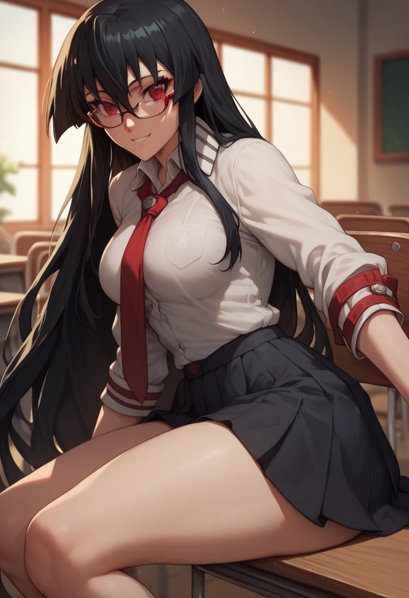 1 girl, solo,akame, long hair, black hair, red eyes, hair between eyes, medium breasts, big thighs, big butt, With a smile, with glasses, school skirt, anime style