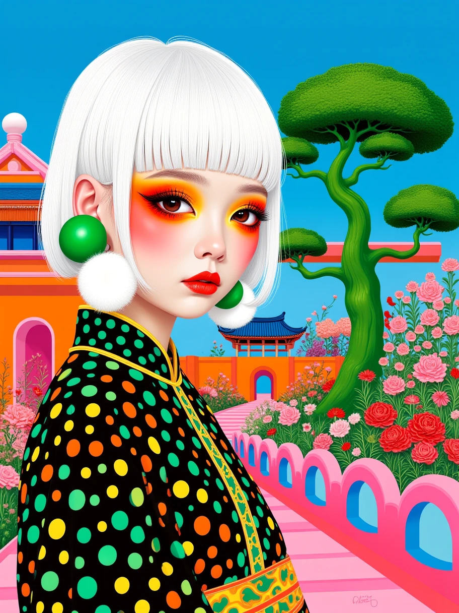 Art illustration, straight bangs and short white hair, wearing traditional clothing with a black base and colorful polka dots (green, yellow, orange), green spherical earrings on one ear and a white fluffy ball-shaped decoration on the other, exaggerated makeup with vibrant eye shadow and blush in red and orange, blue sky background, a uniquely shaped green tree on the right, a traditional Asian-style building in the background with blue and orange hues, an orange arch in front of the building, abundant flowers and plants in the foreground and midground in pink, red, green, etc., pink and blue curved structures on the ground, resembling bridges or decorations, surreal, pop art style, vibrant colors, strong contrast, clean lines, prominent graphic elements, dreamy, fantastical atmosphere, evoking a surreal and imaginative feeling