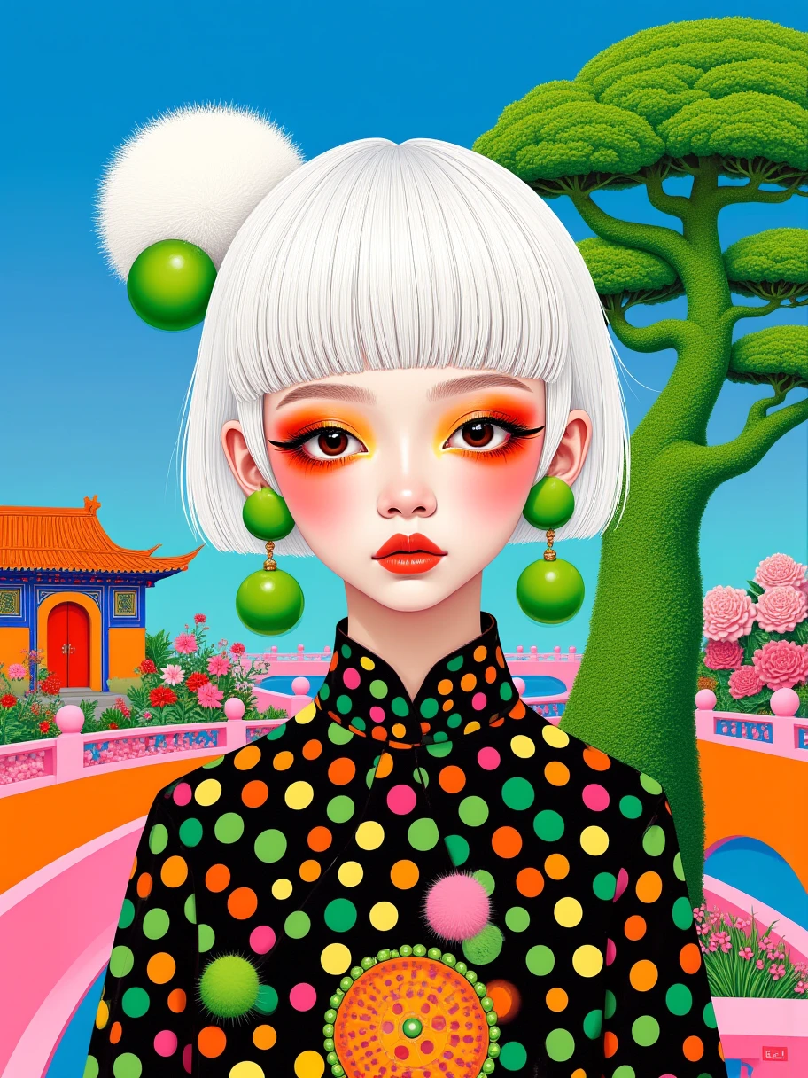 一幅Bright colors的艺术插画， A girl with full bangs and short white hair 。((( front view)))， girl wearing a black base 、 with colorful polka dots （Green、、orange color）Traditional costume 。女孩耳朵上戴着Green的球形耳环， There is a green tree trimmed into a unique shape on the right {x} There is a white furry sphere decoration on the other ear。 girl's makeup exaggerated ， brightly colored eye makeup and blush （ red和orange color）。 blue sky background。右侧有一棵修剪成独特形状的Green树木。 Girl wears green ball earrings on her ears ，建筑有蓝色和orange color的色调。建筑前有一个orange color的拱形门。 with pink and blue curved structures in the foreground and blue ， colors include pink 、 red、Green等。 The ground has a pink and blue curved structure ， may be a bridge or decoration 。 that gives a surreal and imaginative feel 。Bright colors，Strong contrast。Clean lines， graphic elements highlight 。dream、Fantasy atmosphere。 There is a traditional Asian-style building in the background 。