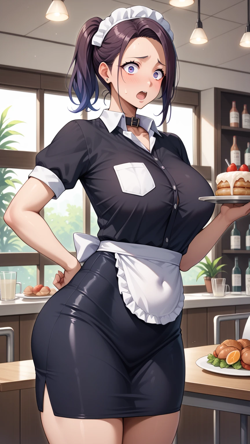 (chef-d&#39;artwork, best quality:1.2), 1fille, seulement, seins gigantesques, clivage, SFW, chemise blanche, chemise à col, jupe noire, collants, Arms on the sides, debout, 