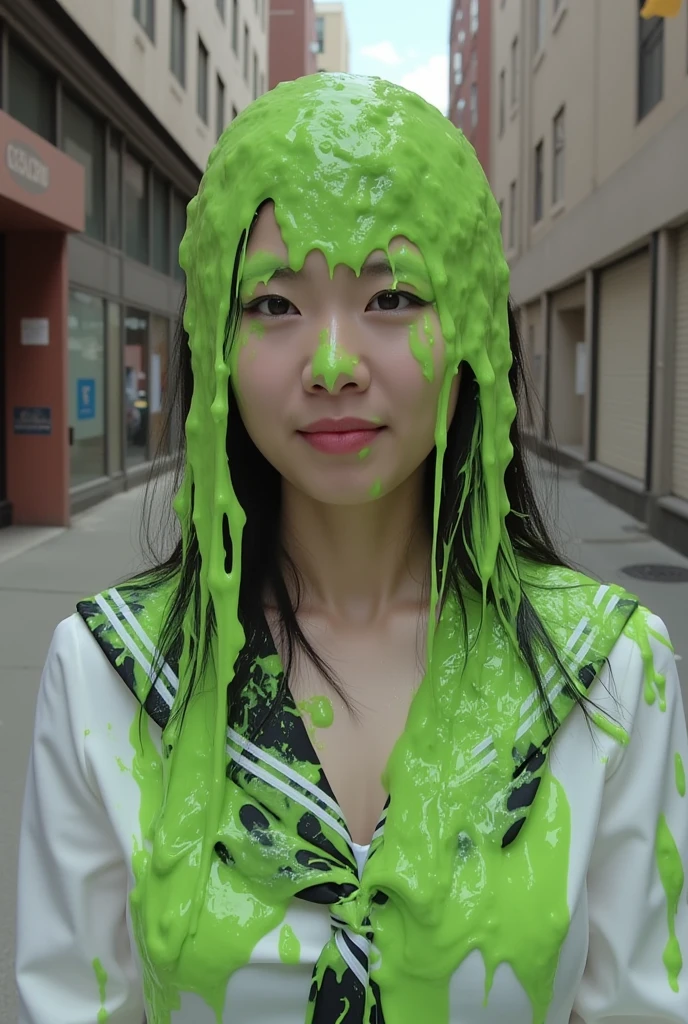 Cinematic photograph of Chinese model covered in green slime. Photorealistic. Glistening liquid. Green slime. Slime. Raw photo. Chinese model. Chinese. Chinese woman. Cleavage. Wavy Black hair. New York City. Portrait photograph. Film photo. Winged black eyeliner. Monolid. Wet. White sailor school uniform.