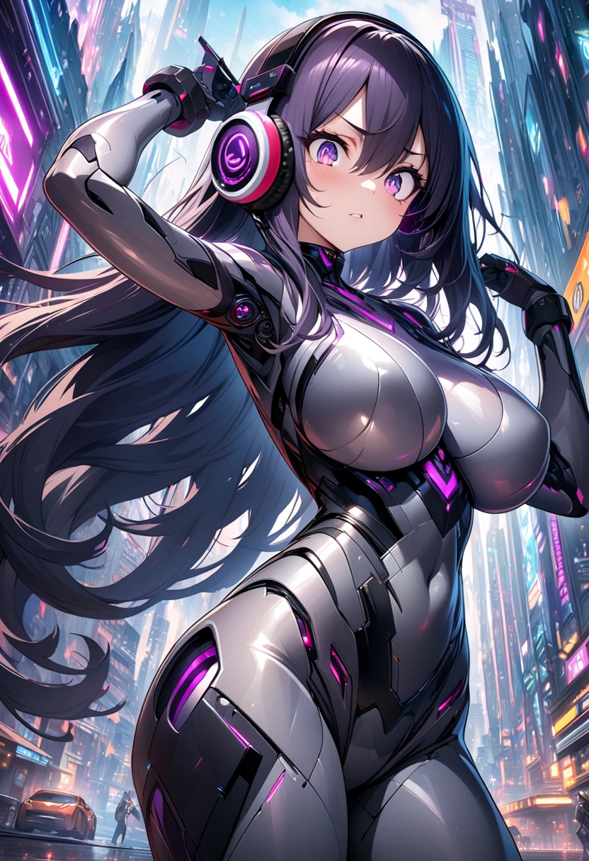 Masterpiece, (highly detailed CG illustration), Robot Girl,posing,large breast,purple eyes,sharp eyes,black straight longhair,headphone,gray robot body,futuristic city in background,cowboy shot