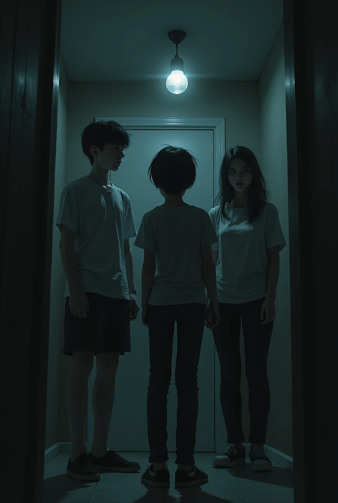 At night, 4 people, white and Asian, aged 18 years old, stood stunned. There were people looking at them who were shocked. In the room, there was an atmosphere of fear in the face of a ghost movie.