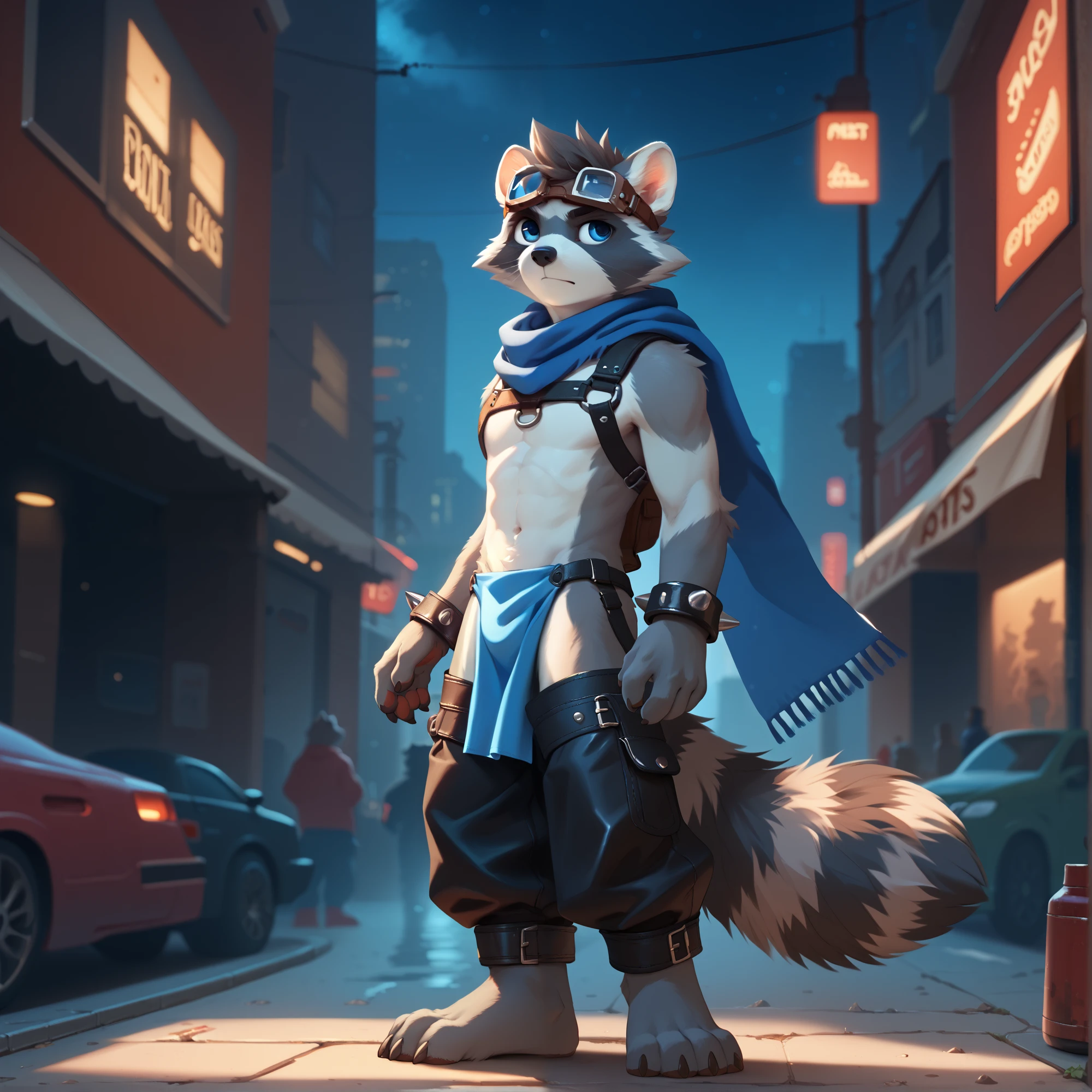 solo, young furry, furry, young, raccoon, grey body, spiked brown hair, Detailed body fur, long blue scarf, leather_harness, black baggy pants, blue loincloth, goggles, masterpiece, gray body, Detailed face, big eyebrows, blue eyes, detailed eyes, No muscles, Detailed hands, Flat body, Skinny, Detailed paws, metal cuffs on wrists, metal cuffs on ankles, no shirt, no underwear, city, night, side view, looking away