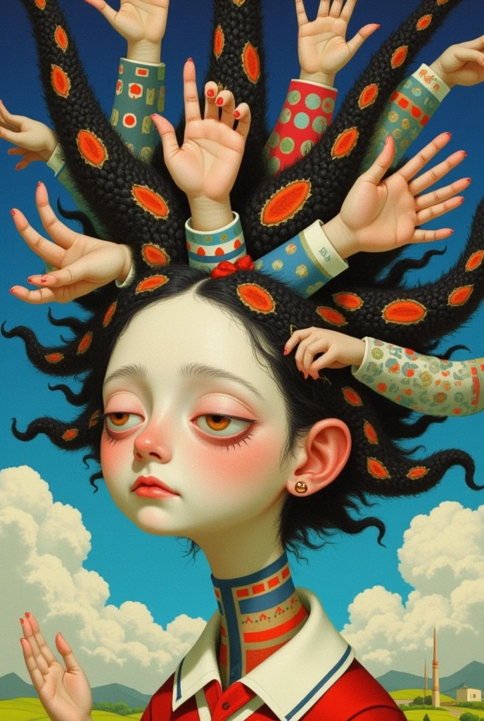 There is a woman with lots of hands on her head, Shaw Natalie  tom bagshaw,  Yuri Schweidorf and Tom Bagshaw,  inspired by Ray Caesar , Beautiful surreal portrait,  pop surrealism, Shaw Natalie ,  beeple 和 jeremiah ketner , fractal hair,  magical realism bizarre art , Pop-Surrealism,  emotional surrealist art , Surrealist Concept Art