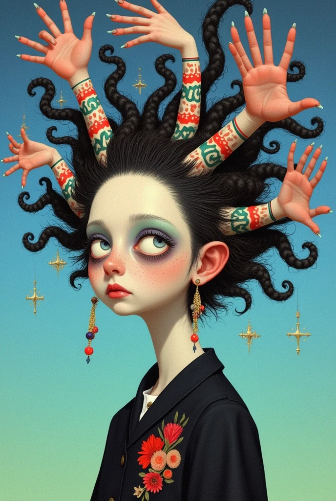 There is a woman with lots of hands on her head, Digital art inspired by Thunder Caesar, Trending on CGSociety,  pop surrealism, Shaw Natalie  tom bagshaw,  Yuri Schweidorf and Tom Bagshaw, Beautiful surreal portrait, Shaw Natalie , fractal hair,  beeple 和 jeremiah ketner ,  magical realism bizarre art , Pop-Surrealism