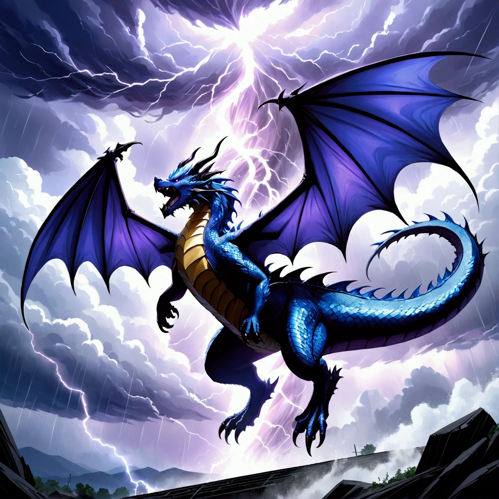 (A storm dragon with 2 wings flying through storm clouds ), solo, lightning, clouds, rain, BREAK, mystical creature, realistic, ultra detailed, dynamic pose, moonlit night, detailed snowy mountain background