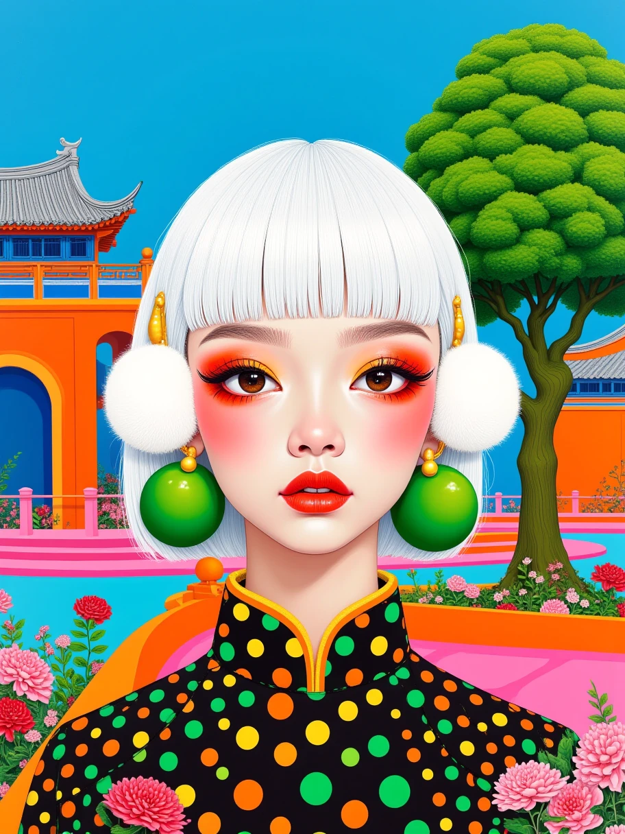 一幅Bright colors的艺术插画， A girl with full bangs and short white hair 。((( front view)))， girl wearing a black base 、 with colorful polka dots （Green、、orange color）Traditional costume 。女孩耳朵上戴着Green的球形耳环， There is a green tree trimmed into a unique shape on the right {x} There is a white furry sphere decoration on the other ear。 girl's makeup exaggerated ， brightly colored eye makeup and blush （ red和orange color）。 blue sky background。右侧有一棵修剪成独特形状的Green树木。 Girl wears green ball earrings on her ears ，建筑有蓝色和orange color的色调。建筑前有一个orange color的拱形门。 with pink and blue curved structures in the foreground and blue ， colors include pink 、 red、Green等。 The ground has a pink and blue curved structure ， may be a bridge or decoration 。 that gives a surreal and imaginative feel 。Bright colors，Strong contrast。Clean lines， graphic elements highlight 。dream、Fantasy atmosphere。 There is a traditional Asian-style building in the background 。