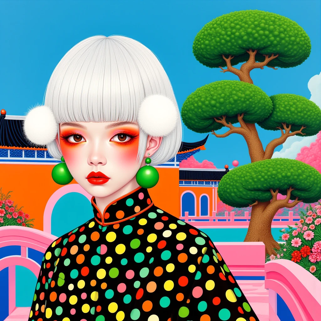 一幅Bright colors的艺术插画， A girl with full bangs and short white hair 。((( front view)))， girl wearing a black base 、 with colorful polka dots （Green、、orange color）Traditional costume 。女孩耳朵上戴着Green的球形耳环， There is a green tree trimmed into a unique shape on the right {x} There is a white furry sphere decoration on the other ear。 girl's makeup exaggerated ， brightly colored eye makeup and blush （ red和orange color）。 blue sky background。右侧有一棵修剪成独特形状的Green树木。 Girl wears green ball earrings on her ears ，建筑有蓝色和orange color的色调。建筑前有一个orange color的拱形门。 with pink and blue curved structures in the foreground and blue ， colors include pink 、 red、Green等。 The ground has a pink and blue curved structure ， may be a bridge or decoration 。 that gives a surreal and imaginative feel 。Bright colors，Strong contrast。Clean lines， graphic elements highlight 。dream、Fantasy atmosphere。 There is a traditional Asian-style building in the background 。