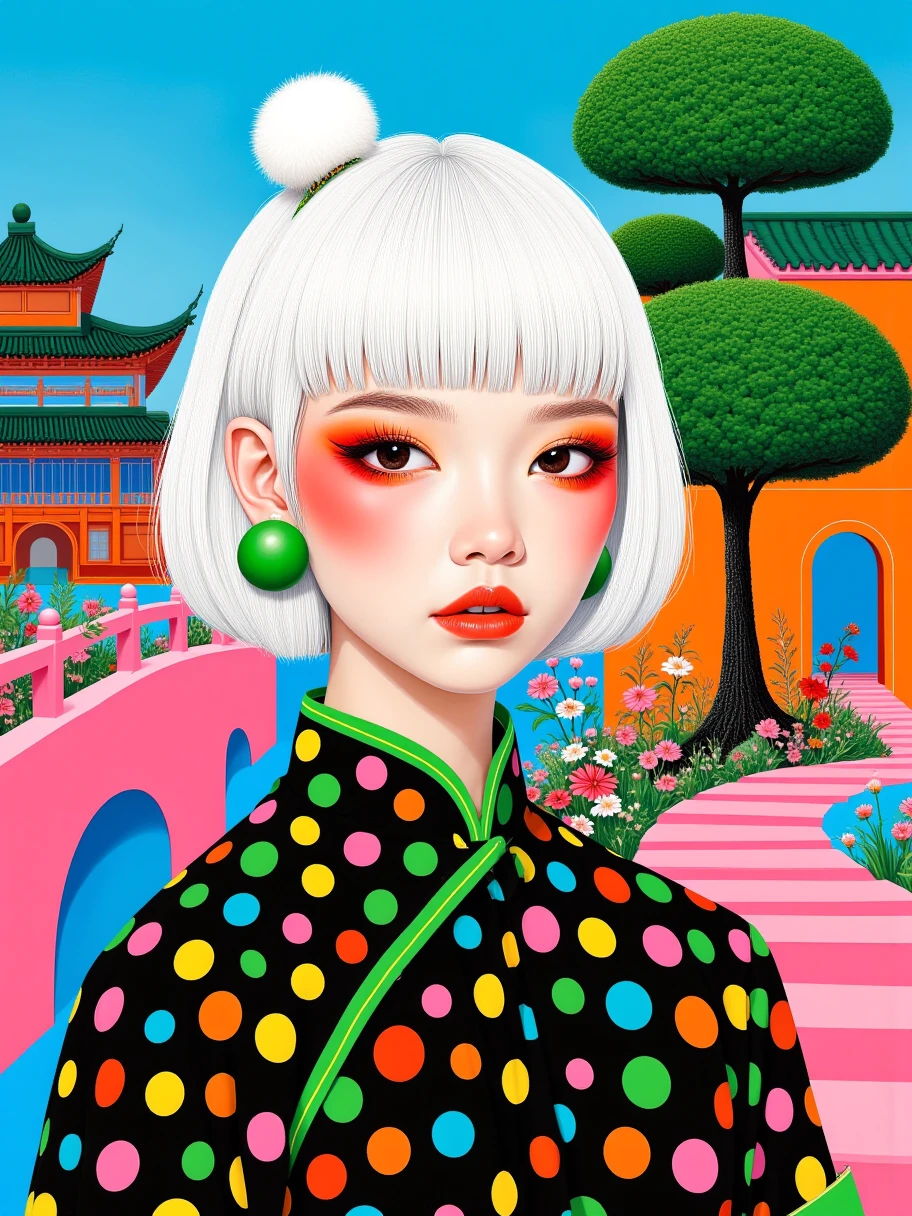 一幅Bright colors的艺术插画， A girl with full bangs and short white hair 。((( front view)))， girl wearing a black base 、 with colorful polka dots （Green、、orange color）Traditional costume 。女孩耳朵上戴着Green的球形耳环， There is a green tree trimmed into a unique shape on the right {x} There is a white furry sphere decoration on the other ear。 girl's makeup exaggerated ， brightly colored eye makeup and blush （ red和orange color）。 blue sky background。右侧有一棵修剪成独特形状的Green树木。 Girl wears green ball earrings on her ears ，建筑有蓝色和orange color的色调。建筑前有一个orange color的拱形门。 with pink and blue curved structures in the foreground and blue ， colors include pink 、 red、Green等。 The ground has a pink and blue curved structure ， may be a bridge or decoration 。 that gives a surreal and imaginative feel 。Bright colors，Strong contrast。Clean lines， graphic elements highlight 。dream、Fantasy atmosphere。 There is a traditional Asian-style building in the background 。