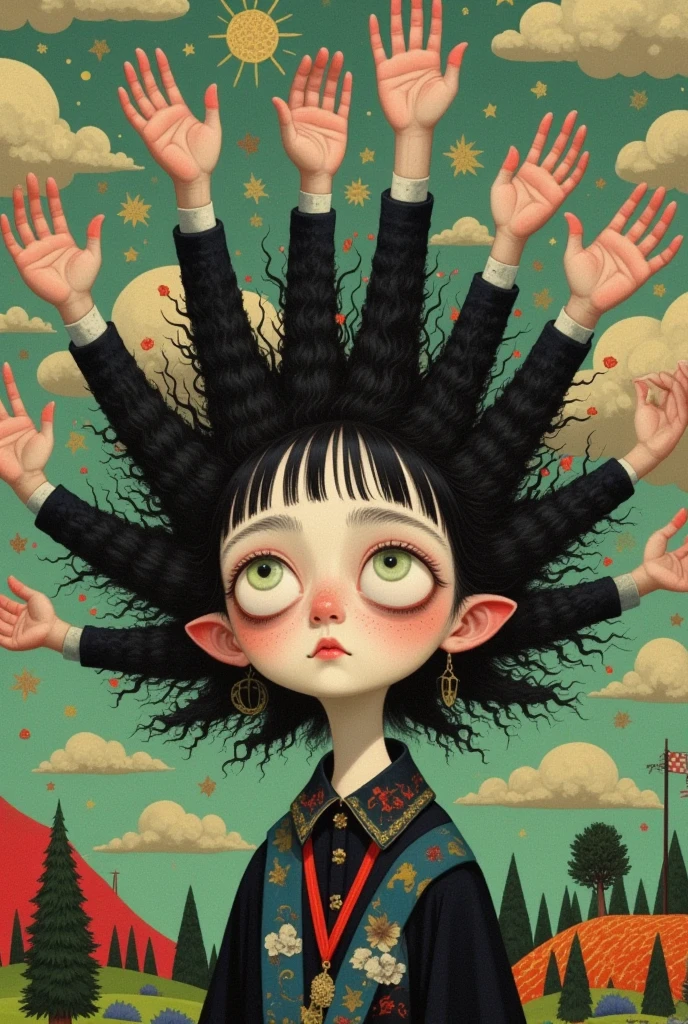 There is a woman with lots of hands on her head, Shaw Natalie  tom bagshaw,  Yuri Schweidorf and Tom Bagshaw,  inspired by Ray Caesar , Beautiful surreal portrait,  pop surrealism, Shaw Natalie ,  beeple 和 jeremiah ketner , fractal hair,  magical realism bizarre art , Pop-Surrealism,  emotional surrealist art , Surrealist Concept Art