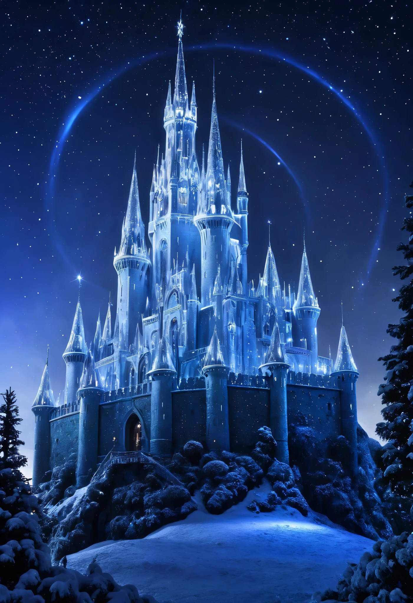 The image shows a majestic ice castle located in a fantasy winter landscape . Next, I describe the details : The castle: The central structure of the castle is made of a crystalline material that reflects light as if it were pure ice. It has several towers of different heights , , each crowned with a pointed roof that seems to shine with bluish flashes . The main tower , in the center, is the tallest and is illuminated by a bright star directly above it , , which gives the impression that it is connected to the sky . .} Decorative windows and arches adorn the walls of the castle , , transmitting a Gothic and magical architectural style . The environment: The castle está rodeado de un terreno lleno de cristales y estructuras que simulan carámbanos gigantes, as if nature itself would have been molded to complement the design of the castle . The ground reflects the sky and the crystals , giving the impression that it is an icy surface or frozen water . The sky: The sky nocturno está repleto de estrellas brillantes, some of which seem to form lines of light that converge on the castle . A blue and white glow surrounds the entire scene , as if there were an aurora borealis in the background . Lighting details : The light in the scene seems to emanate from multiple sources , like the main star above the castle and the glare reflected in the glass structures . There are flashes of light on the edges of the glass and the castle , , which gives it an ethereal and magical appearance . The environment: The environment general evoca una sensación de misterio y belleza sobrenatural. It looks like a place straight out of a fairytale or an enchanted kingdom .