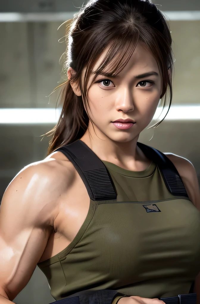 Female soldier fighting in a war-torn city,Heavy breathing,Sweaty,running,