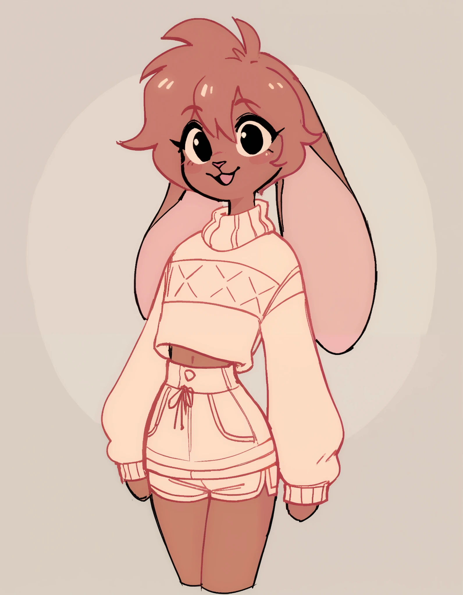 stkyswt, sketch, flat color, score_9,score_8_up, score_7_up, Best quality , Very detailed illustration, (Anthropomorphic furry rabbit boy:1,7) , tousled voluminous hair, Playful look, Slim, ideal body, thin waist,  wide hips, Simple drawing, Artifyber style, pastel flat colors, Cute, cartoon, sweater, short shorts